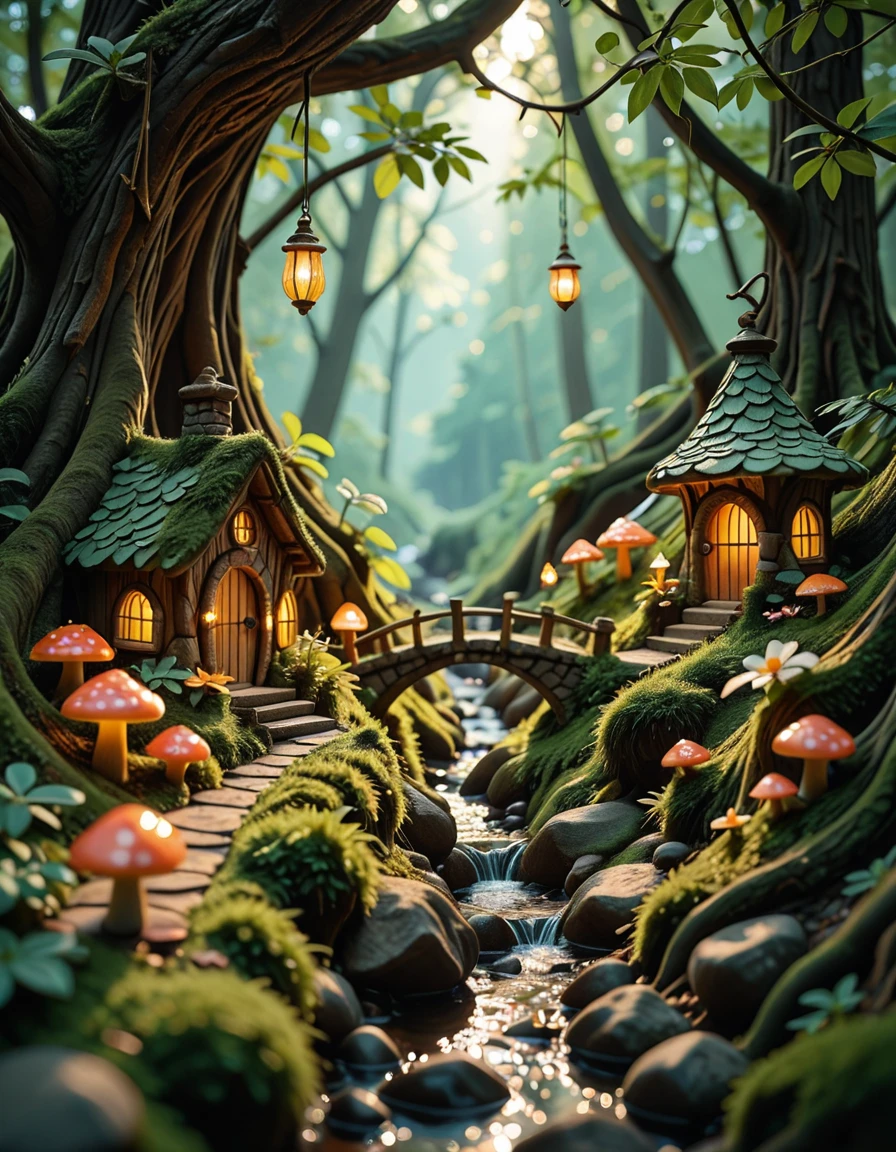Deep within an enchanted forest, hidden beneath the mossy roots of ancient trees and glowing mushrooms, lies a miniature fairy village. Tiny, luminescent cottages made from acorns, bark, and shimmering crystal leaves are nestled among winding roots and soft green moss. Delicate stone bridges arch over trickling brooks that sparkle with magic-infused water. Lanterns made from hollowed-out firefly shells hang from branches, casting a gentle golden glow across the village paths made of polished pebbles and flower petals. The air is filled with the scent of wildflowers and sweet nectar, and the gentle hum of unseen wings occasionally stirs the leaves. Above, shafts of sunlight break through the dense canopy, illuminating the scene like a dream. Everything feels alive, vibrant, and timelessâas if the forest itself protects and nurtures this hidden, magical haven.miniature fairy v1ll4g3, <lora:miniature_fairy_v1ll4g3-i:1>, Masterpiece,best quality,hi res,8k,hi res,8k,award winning,(sharp focus, intricate, highly detailed),