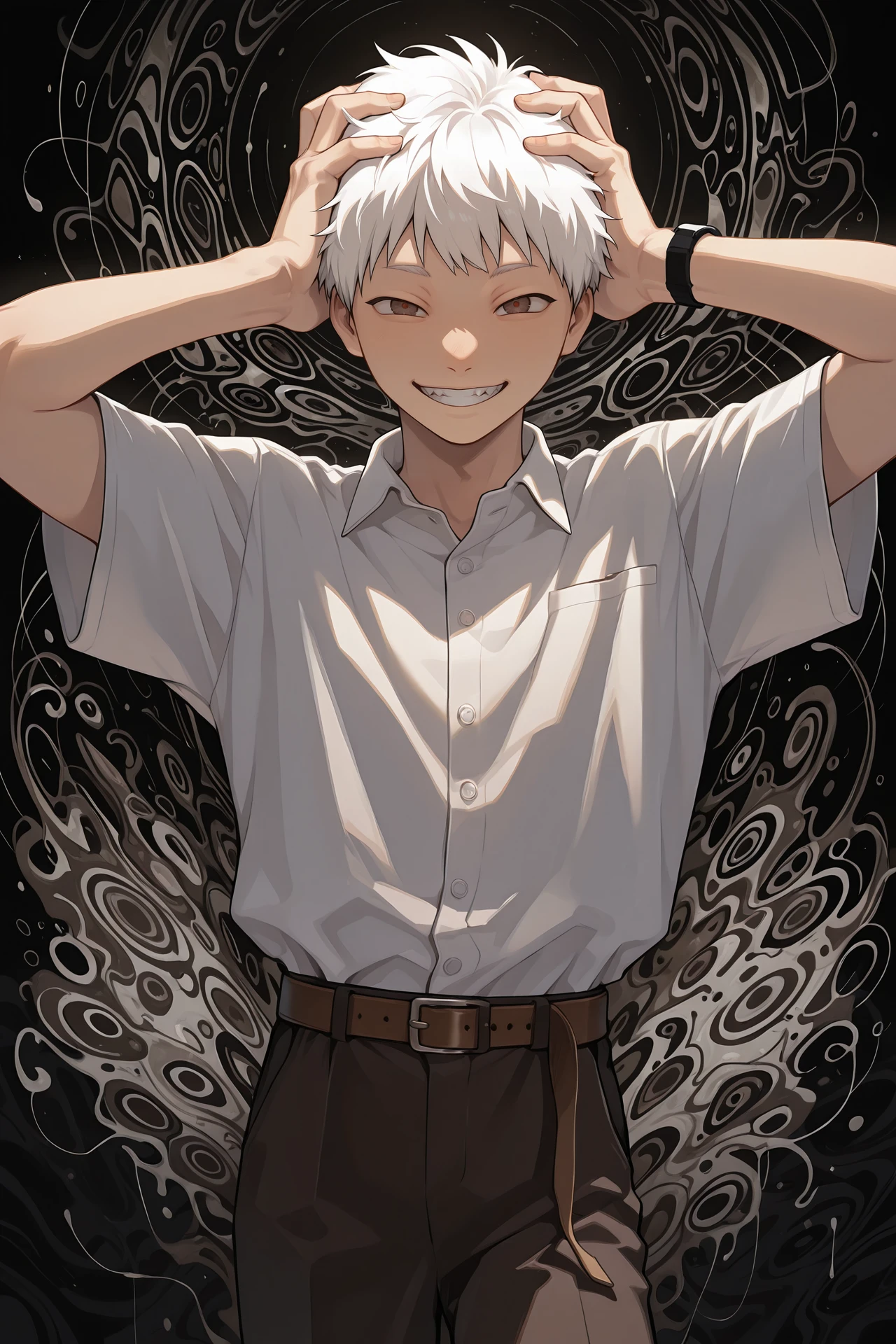 masterpiece, best quality, absurdres, hikaru_indou, 1boy, male focus, smile, solo, shirt, hands on own head, pants, hands on own face, looking at viewer, watch, white shirt, collared shirt, grin, short hair, wristwatch, shirt tucked in, teeth, brown pants, short sleeves, black background, belt, cowboy shot, brown eyes, hands on own cheeks, abstract background, white hair, black pants, hands up, shadow_tendrils <lora:hikaru_indou:0.8>