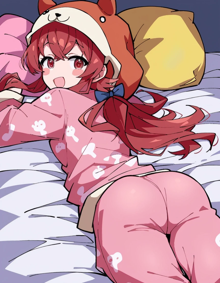 Female 19 years old, fire red hair (pigtails), large ass,panty ((Orange striped )), high socks, Hand on ass