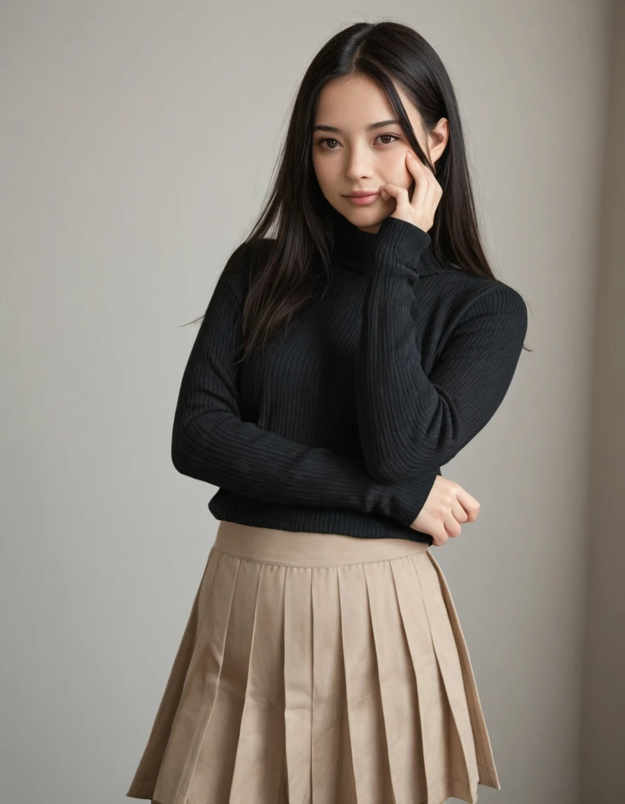 1girl, small breasts, 
long hair, black hair, center-flap bangs, 
black sweater, sleeves past fingers, pleated skirt, 
simple background, hand on own face, light smile, portrait,, masterpiece, ultra-HD, photorealistic, high detail, best quality, 8k, best quality, sharp focus, ray-tracing, realistic, depth of field, shallow depth of field, raw photo.