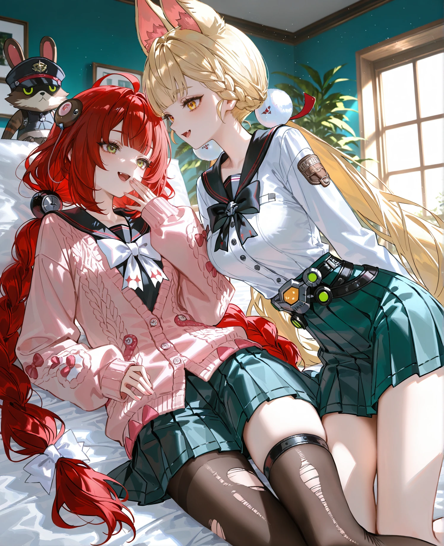 8k,best quality,masterpiece,(ultra-detailed),(high detailed skin),
skin),artist:john kafka,(artist:wanke:0.9),artist:fuzichoco,artist:quasarcake,(artist:nixeu:0.8),
jijia,2d,ambient light,
<lora:fuaizzz-noob-Tanger:0.8>,
2girls,Ukinami Yuzuha (Zenless Zone Zero),clothes: Yuzuhadef clothes,single thighhigh,Yuzuhadef skirt,Alice Thymefield (Zenless Zone Zero),clothes: Alicedef clothes,heterochromiam,Alicedef white shirt,Alice animal ears,multiple girls,braid,blonde hair,skirt,long hair,pantyhose,green eyes,green skirt,indoors,red hair,long sleeves,white shirt,blush,shirt,torn clothes,lying,very long hair,hat,sailor collar,rabbit ears,bangs,pleated skirt,open mouth,twin braids,cardigan,fang,on side,bow,serafuku,window,black sailor collar,school uniform,animal ear fluff,yellow eyes,looking at another,smile,sleeves past wrists,hair ornament,black skirt,holding,hair bow,twintails,black bow,breasts,pink cardigan,hand to own mouth,