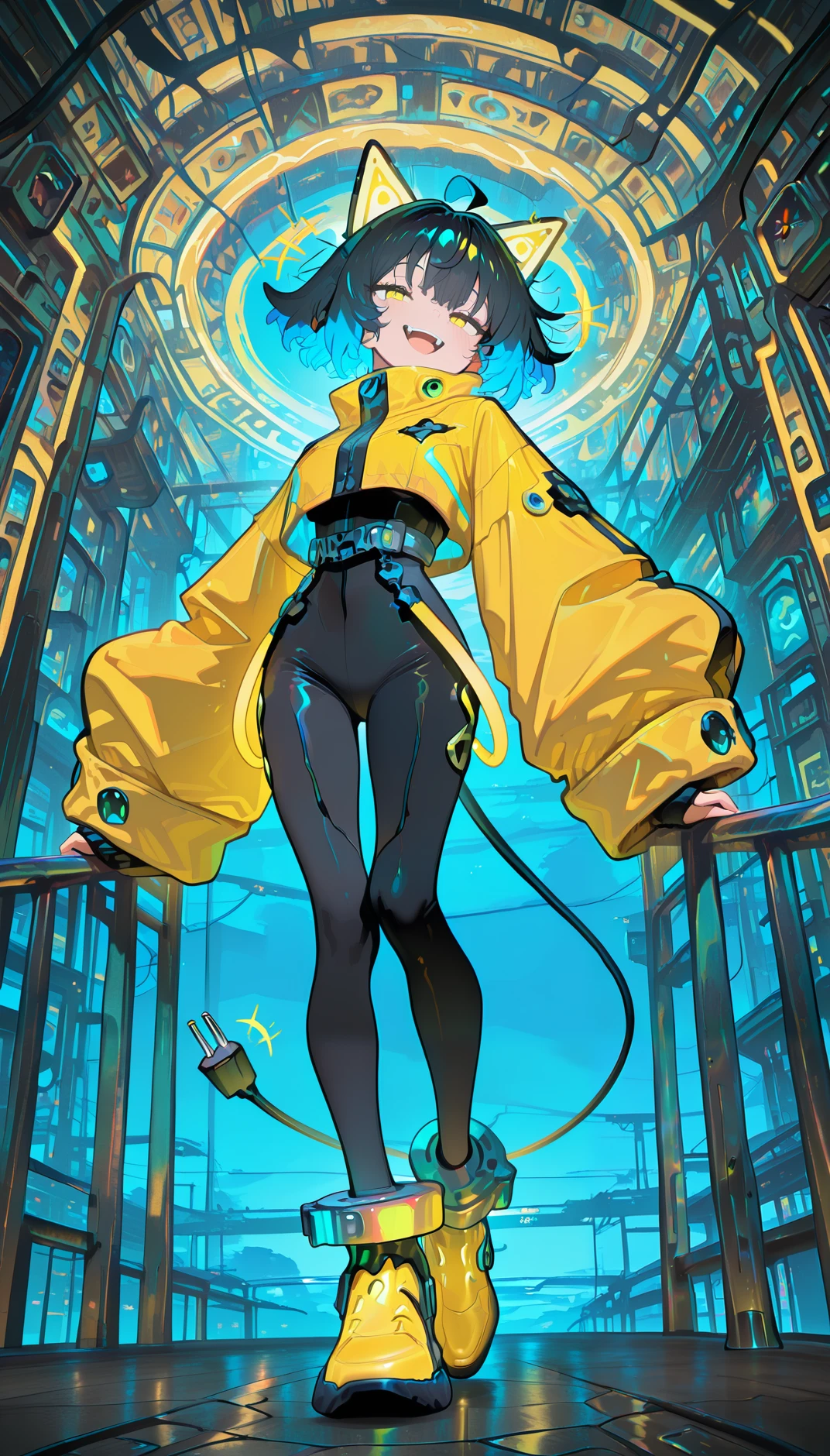 masterpiece, best quality, amazing quality, very aesthetic, absurdres,  newest, scenery,
, laughing, +++, Leaning on an invisible railing, full body, from below, , electrocat, 1girl, 
black hair, short hair,blue ahoge,  multicolored hair, yellow highlights, blue highlights, 
cat ears, cyber ears, glowing accents, yellow eyes,
yellow jacket, oversized sleeves, cropped jacket,
black , skin-tight, high-waist belt, utility straps, harness,
futuristic boots, yellow boots, black and yellow shoes, ankle cuffs,
electric plug tail, 
dynamic poses, ,
simple background, , animated, dynamic angle, close-up,portrait, fisheye lens, detailed face,colorful, close-up, masterpiece, best quality, amazing quality, very aesthetic, absurdres, newest, scenery, volumetric lighting