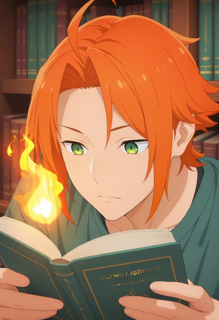 masterpiece, best quality, amazing quality, very aesthetic, high resolution, ultra-detailed, absurdres, newest, colorful, highest detailed, very awa, intricate details, (3d:0.4),, 1boy, solo, male focus, <lora:kouichi_shindou_ilxl:0.92>, kouichi_shindou, orange hair, green eyes, ahoge, short hair, bangs, parted bangs, , reading, focused expression, cozy library, comfortable clothing, warm firelight, close-up, towering bookshelves, antique books, flickering flames, inviting, intellectual, detailed bindings, sharp focus, rich colors, clear view