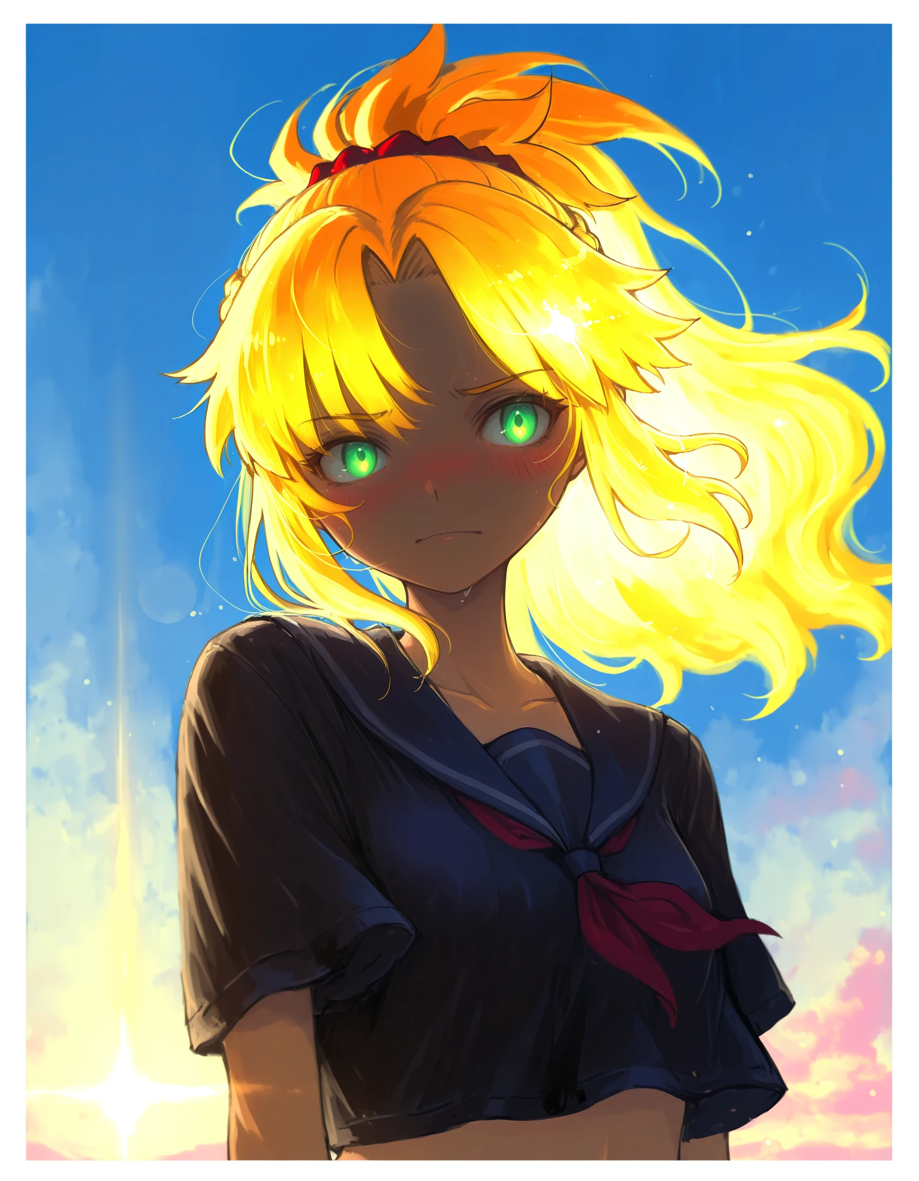 masterpiece, best quality, high quality, highres, absurdres, incredibly absurdres,
outdoors, border, blush,
1girl, mordred \(swimsuit rider\) \(fate\),
<lora:myon_myonninn_artstyle:1> myonartstyle
<lora:glowing_elements_concept:1>glowing_eyes, glowing_hair