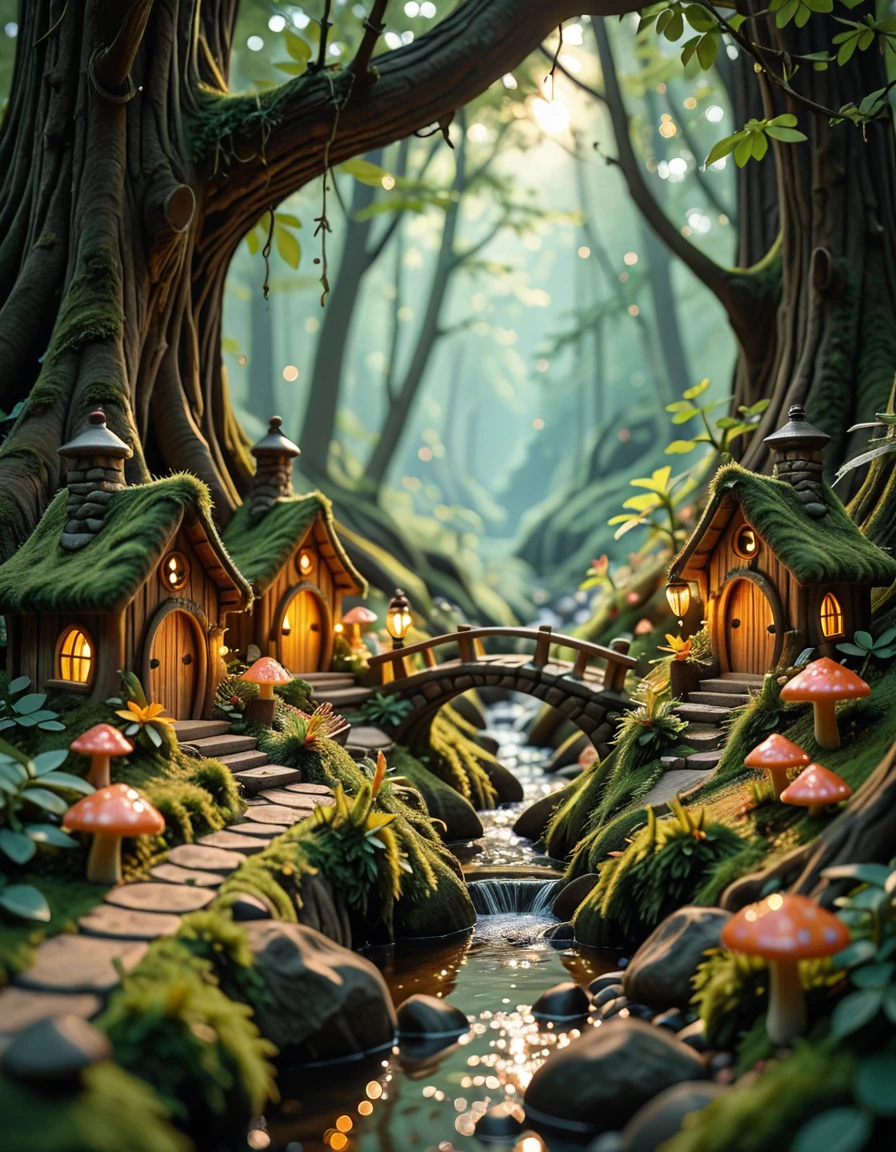 Deep within an enchanted forest, hidden beneath the mossy roots of ancient trees and glowing mushrooms, lies a miniature fairy village. Tiny, luminescent cottages made from acorns, bark, and shimmering crystal leaves are nestled among winding roots and soft green moss. Delicate stone bridges arch over trickling brooks that sparkle with magic-infused water. Lanterns made from hollowed-out firefly shells hang from branches, casting a gentle golden glow across the village paths made of polished pebbles and flower petals. The air is filled with the scent of wildflowers and sweet nectar, and the gentle hum of unseen wings occasionally stirs the leaves. Above, shafts of sunlight break through the dense canopy, illuminating the scene like a dream. Everything feels alive, vibrant, and timelessâas if the forest itself protects and nurtures this hidden, magical haven.miniature fairy v1ll4g3, <lora:miniature_fairy_v1ll4g3-i:1>, Masterpiece,best quality,hi res,8k,hi res,8k,award winning,(sharp focus, intricate, highly detailed),