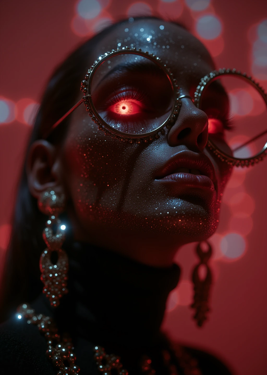 Perfectly crafted 3D character with stunning details, beautiful and scary monster female, detailed black horror face with sharp teeth, glowing eyes, horrorcore head gear, black outfit, dramatic abstract background with red highlights