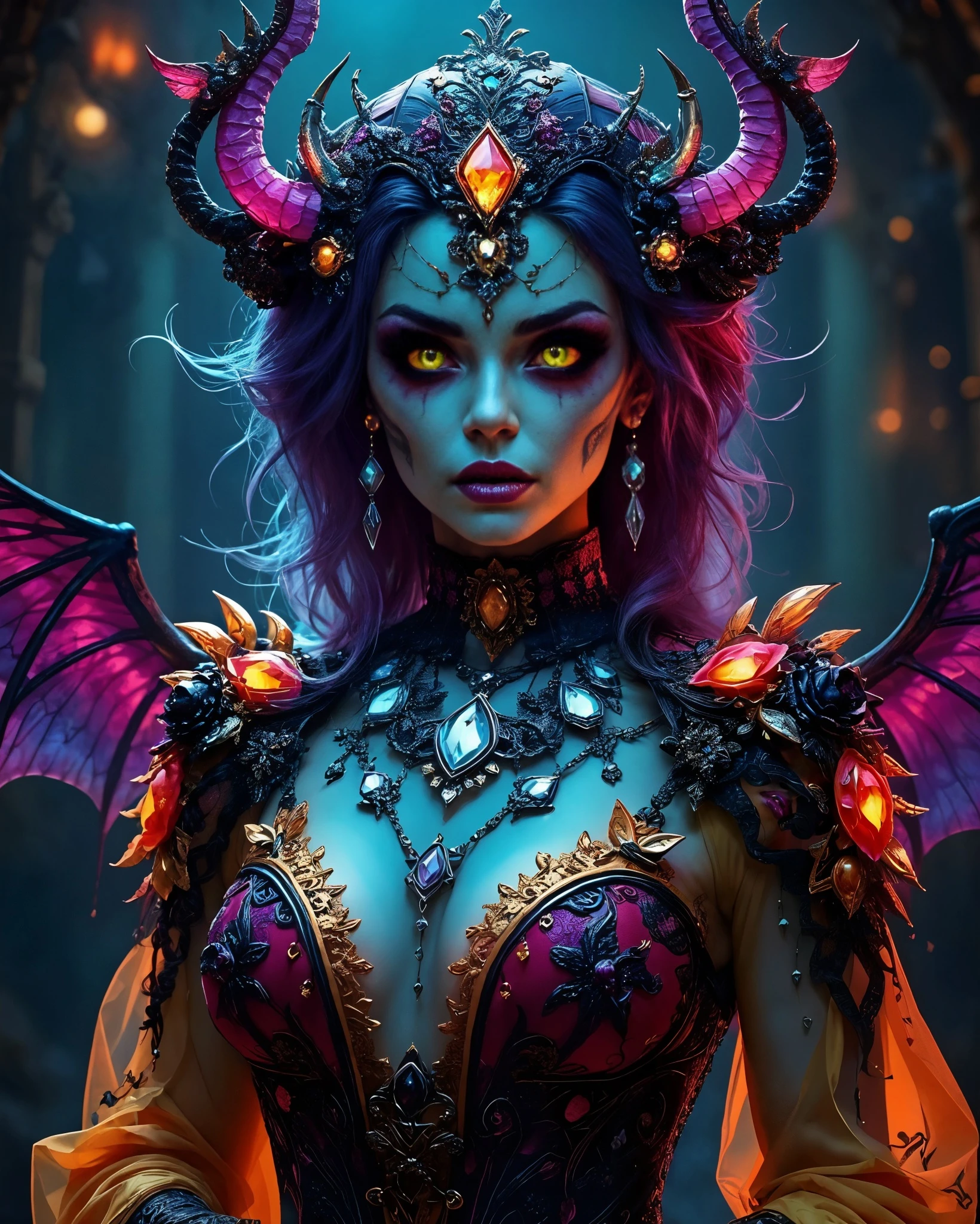 A fantasy character with striking features stands against a dark, mystical background. She has flowing purple hair and glowing yellow eyes, accentuated by dramatic makeup. Her ornate crown is adorned with gemstones and twisted horns. The intricately designed outfit features a mix of dark and vibrant colors, adorned with jewels and floral motifs, with translucent fabric cascading from her shoulders. Two large, semi-transparent wings extend from her back, enhancing her otherworldly appearance. The overall atmosphere is dark and enchanting.