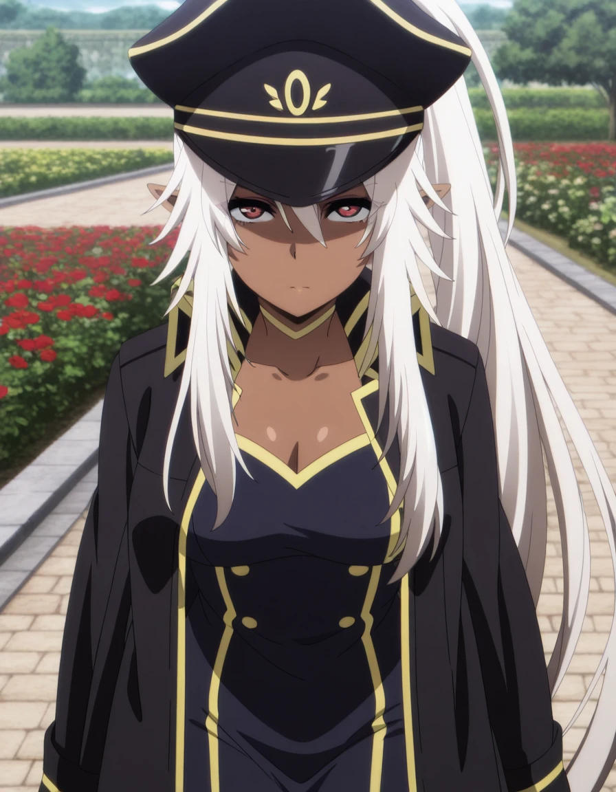 masterpiece, best quality, amazing quality,, <lora:shadow-lambda-s1-illustriousxl-lora-nochekaiser:1>, lambda, long hair, white hair, pointy ears, dark skin, dark-skinned female, sidelocks, ponytail, red eyes, mature female, , anime screencap, hat, uniform, coat, sleeves past wrists, military, military uniform, peaked cap,, hands behind back, ,, garden, flowers, path, plants, tranquil, cowboy shot, solo, looking at viewer,