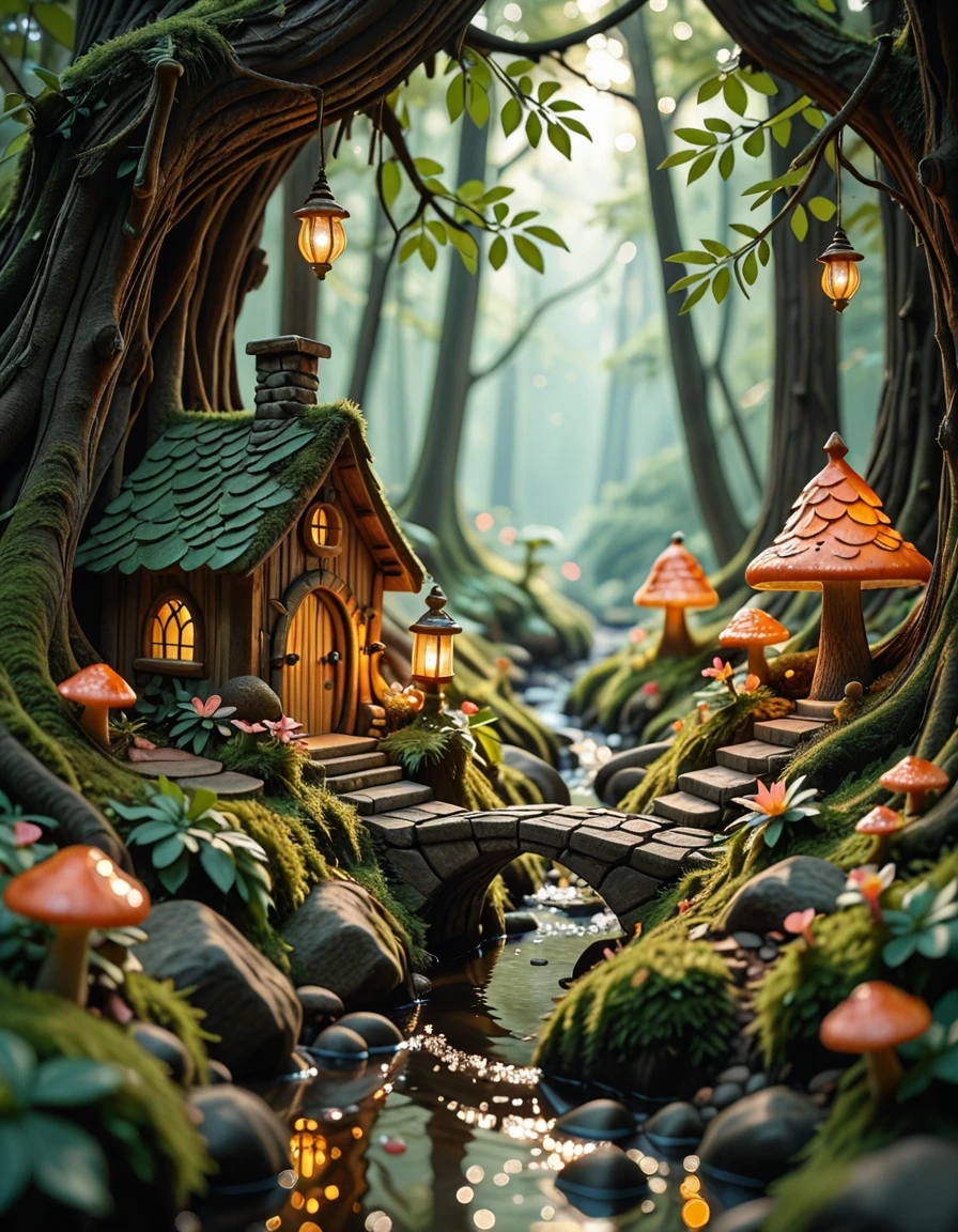 Deep within an enchanted forest, hidden beneath the mossy roots of ancient trees and glowing mushrooms, lies a miniature fairy village. Tiny, luminescent cottages made from acorns, bark, and shimmering crystal leaves are nestled among winding roots and soft green moss. Delicate stone bridges arch over trickling brooks that sparkle with magic-infused water. Lanterns made from hollowed-out firefly shells hang from branches, casting a gentle golden glow across the village paths made of polished pebbles and flower petals. The air is filled with the scent of wildflowers and sweet nectar, and the gentle hum of unseen wings occasionally stirs the leaves. Above, shafts of sunlight break through the dense canopy, illuminating the scene like a dream. Everything feels alive, vibrant, and timelessâas if the forest itself protects and nurtures this hidden, magical haven.miniature fairy v1ll4g3, <lora:miniature_fairy_v1ll4g3-i:1>, Masterpiece,best quality,hi res,8k,hi res,8k,award winning,(sharp focus, intricate, highly detailed),