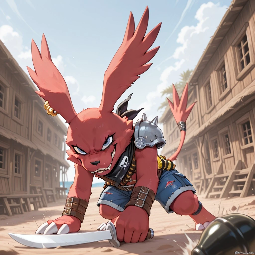 Digimon, masterpiece, cargo shorts, digital monsters, single earring, stitched shorts, anime, holding cutlass, grey eyes, best quality, pirate bandana, amazing quality, (((red fur))), solo, blue shorts, leather pauldron, (((single pauldron))), 1boy, expressive eyes, video game, friendly face outside, dashing smile, gold loop earring, dynamic pose, dashing smile outside, silver bladed cutlass, furry male, black bandana, tail, grenado bombs, black pauldron, bandolier, friendly face, outside