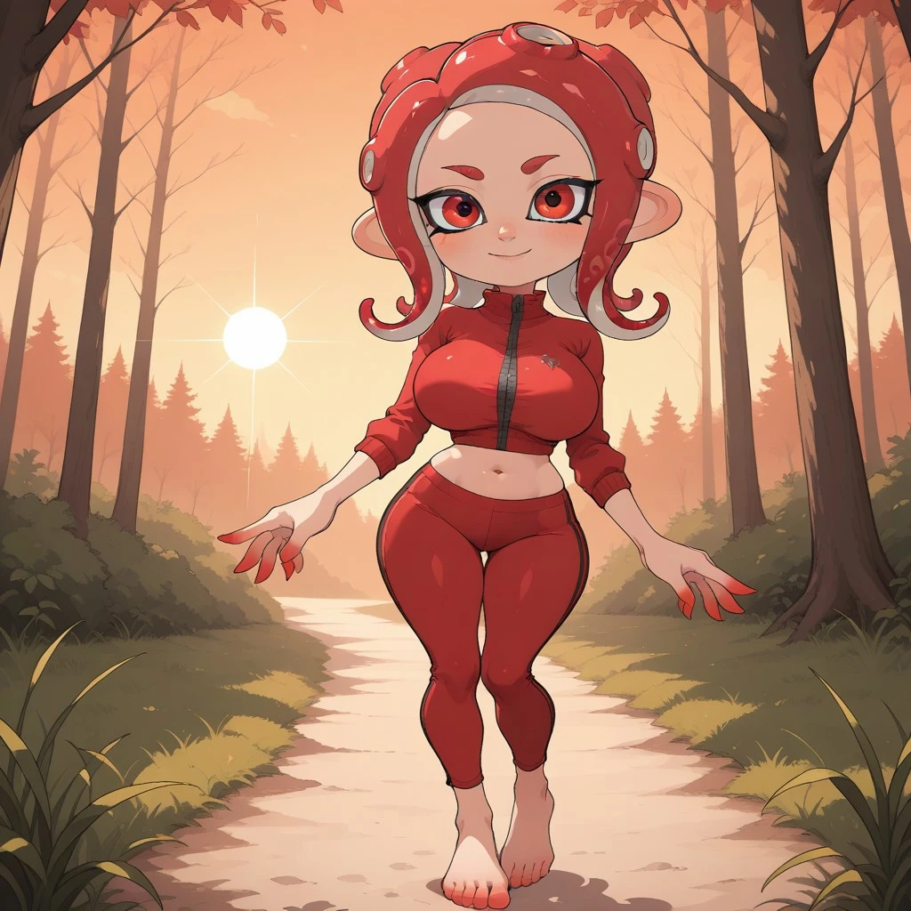 score_9, score_8, BREAK, solo, HilaryOC, splatoon, octoling, female octoling, 1girl, cute, tentacle hair, red hair, red eyes, cute eyes, red eyebrows, red clothing, breasts, red pants, barefoot, tall, adult female, mature female, big breasts, sexy pose, self portrait, smile, looking at viewer, outdoors, sunlight, shadows, evening lighting, natural lighting, forest, trees, grass, orange sky, sunset