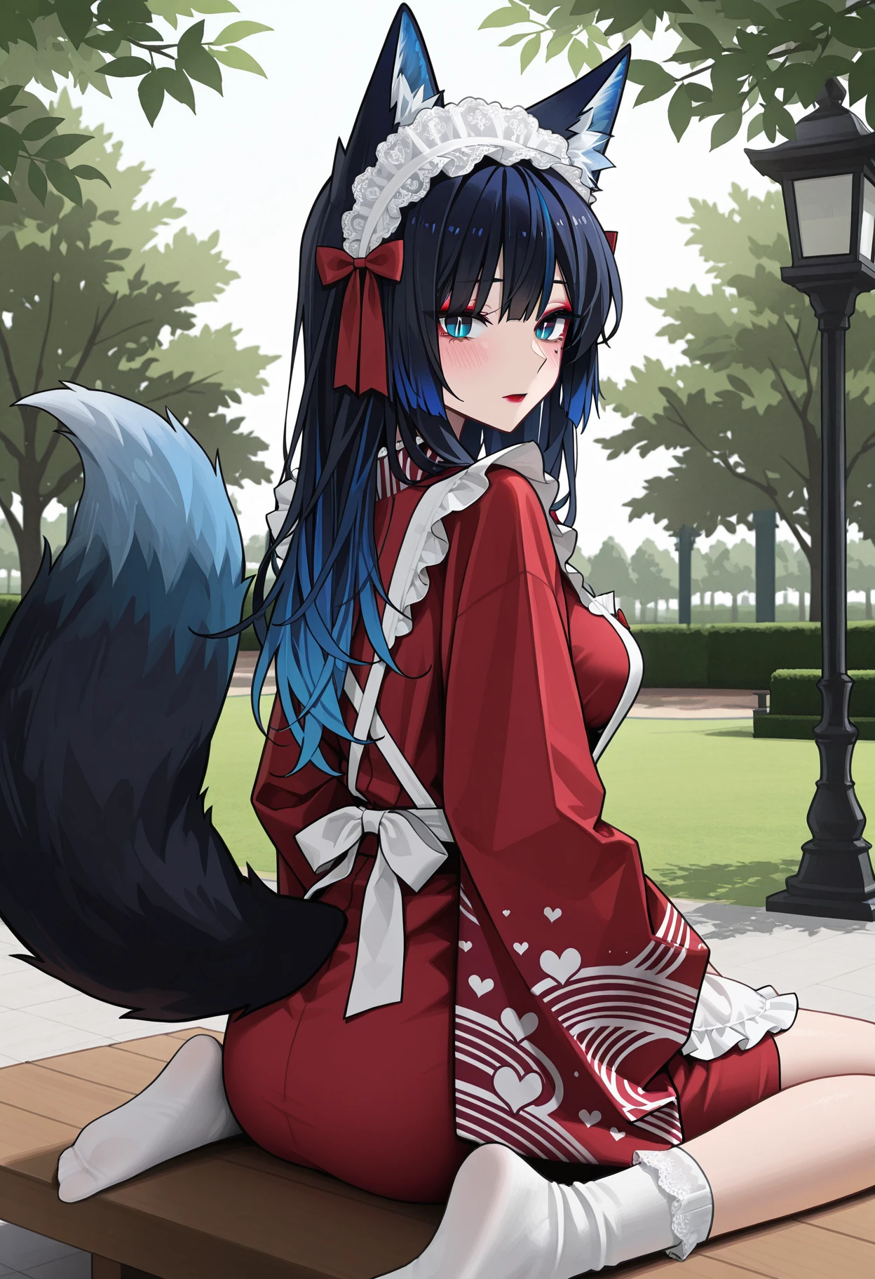 solo,1foxgirl, medium breasts, blue eyes, slit pupils, long hair, ((black hair), blue hair, multicolored hair, fox ears, fox tail), masacra, eyeshadow, lipstick, mole,
blush, looking back, socks, from behind, sitting, park, hair bow, bow, looking at viewer, white socks,
<lora:AmyBentonMaidIL:1>,amybentonmaid12, japanese clothes, kimono, print kimono, short kimono, animal and strips print, white apron, lace, frills, heart print on apron, headdress, red kimono,
masterpiece,best quality,amazing quality, <lora:lmia4IL-style:0.8>, llmia4,