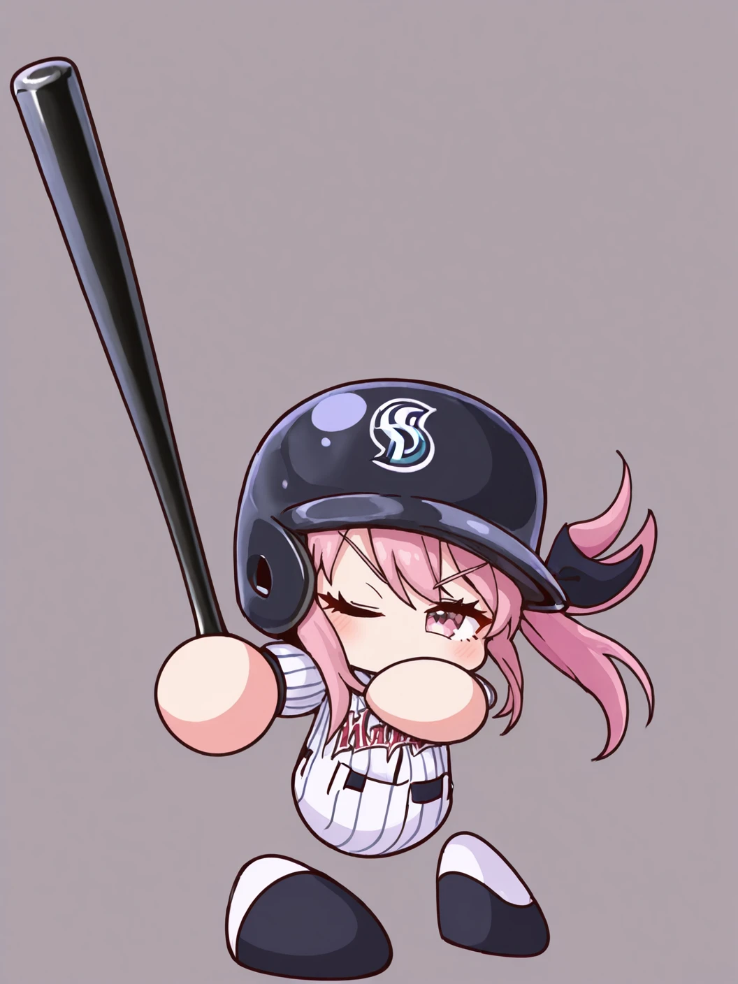 (1girl:1.2), (general:1.3), (masterpiece:1.2), newest, <lora:IchiroBattingStance_ill_v01:1.2> ichiro, (holding, holding baseball bat, baseball bat:1.2), v-shaped eyebrows, outstretched arm, (hand on own shoulder:0.7), <lora:pawapuro_Illust_v3:1> pawapuro, chibi, no mouth, full body, baseball uniform, helmet, from behind