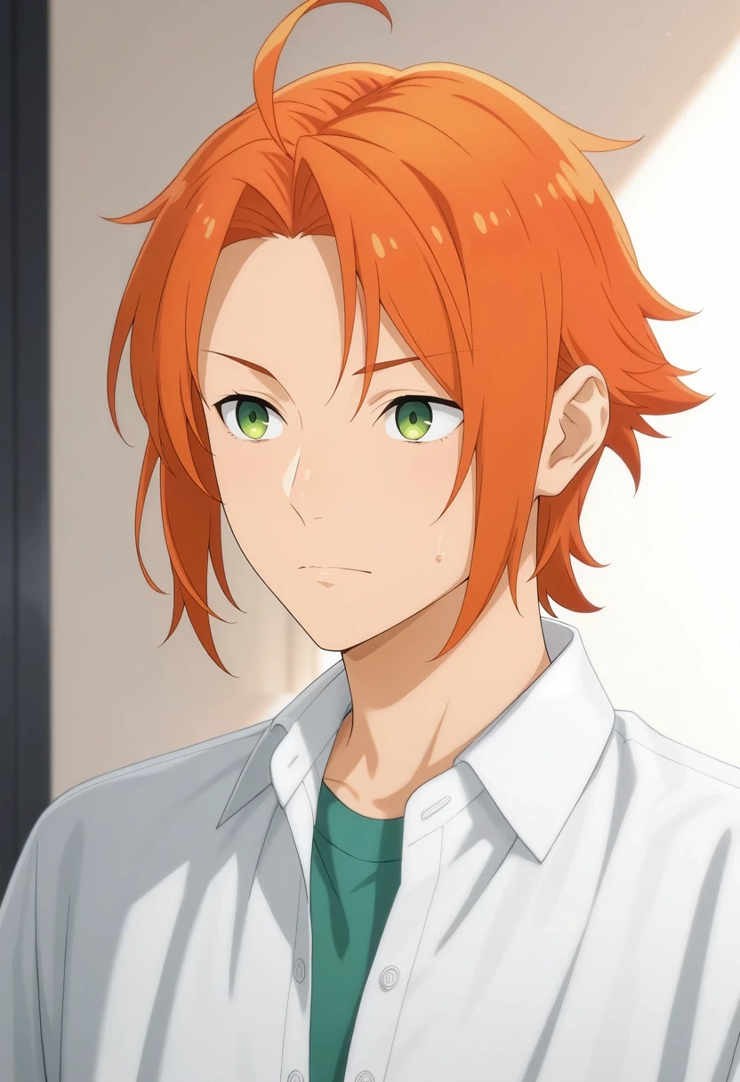 masterpiece, best quality, amazing quality, very aesthetic, high resolution, ultra-detailed, absurdres, newest, colorful, highest detailed, very awa, intricate details, (photorealistic:0.6),, 1boy, solo, male focus, <lora:kouichi_shindou_ilxl:0.98>, kouichi_shindou, orange hair, green eyes, ahoge, short hair, bangs, parted bangs, white shirt, collared shirt, green shirt,