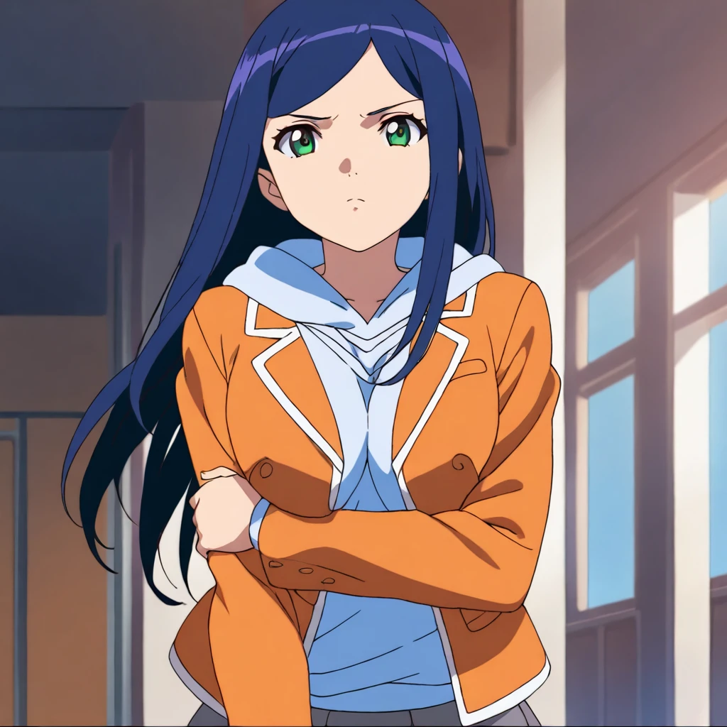 masterpiece,high score,great score,absurdres,solo,anime coloring,looking at viewer,school uniform, orange jacket, long sleeves, hoodie,skirt,<lora:KugaNatsuki ag4o:1> kuganatsuki, blue hair, long hair, green eyes,