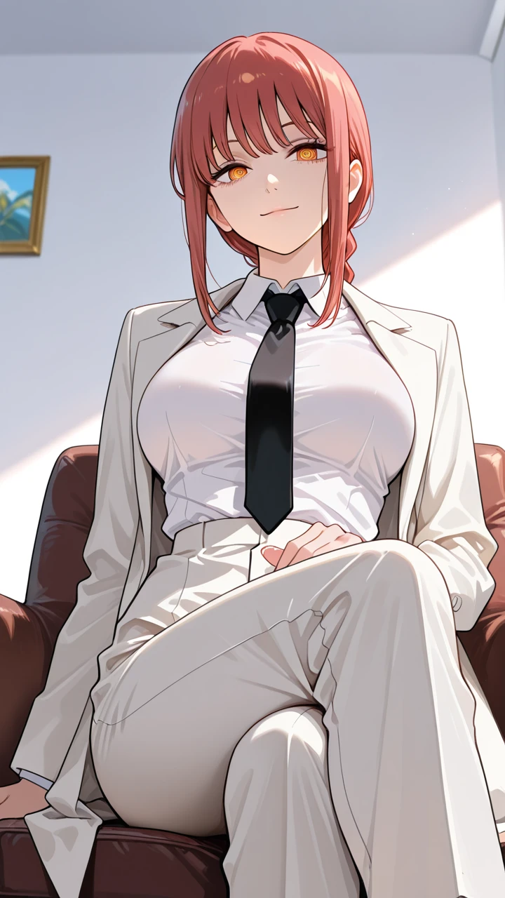 1girl,sitting,makima \(chainsaw man\),light smile,pants,suit,large breasts,white suit,
masterpiece,best quality,amazing quality,very aesthetic,absurdres,newest,