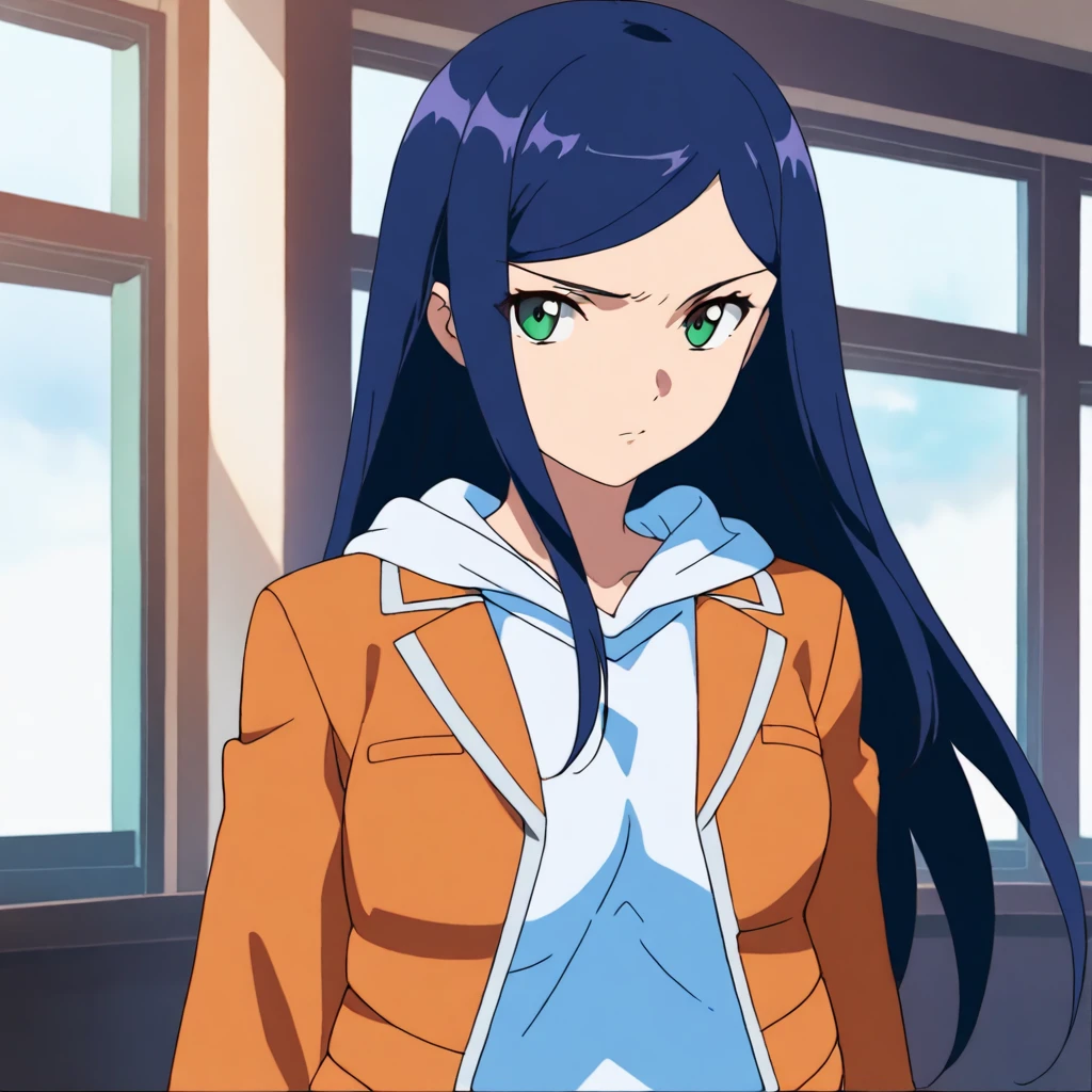 masterpiece,high score,great score,absurdres,solo,anime coloring,looking at viewer,upper_body,portrait,school uniform, orange jacket, long sleeves, hoodie,skirt,<lora:KugaNatsuki ag4o:1> kuganatsuki, blue hair, long hair, green eyes,