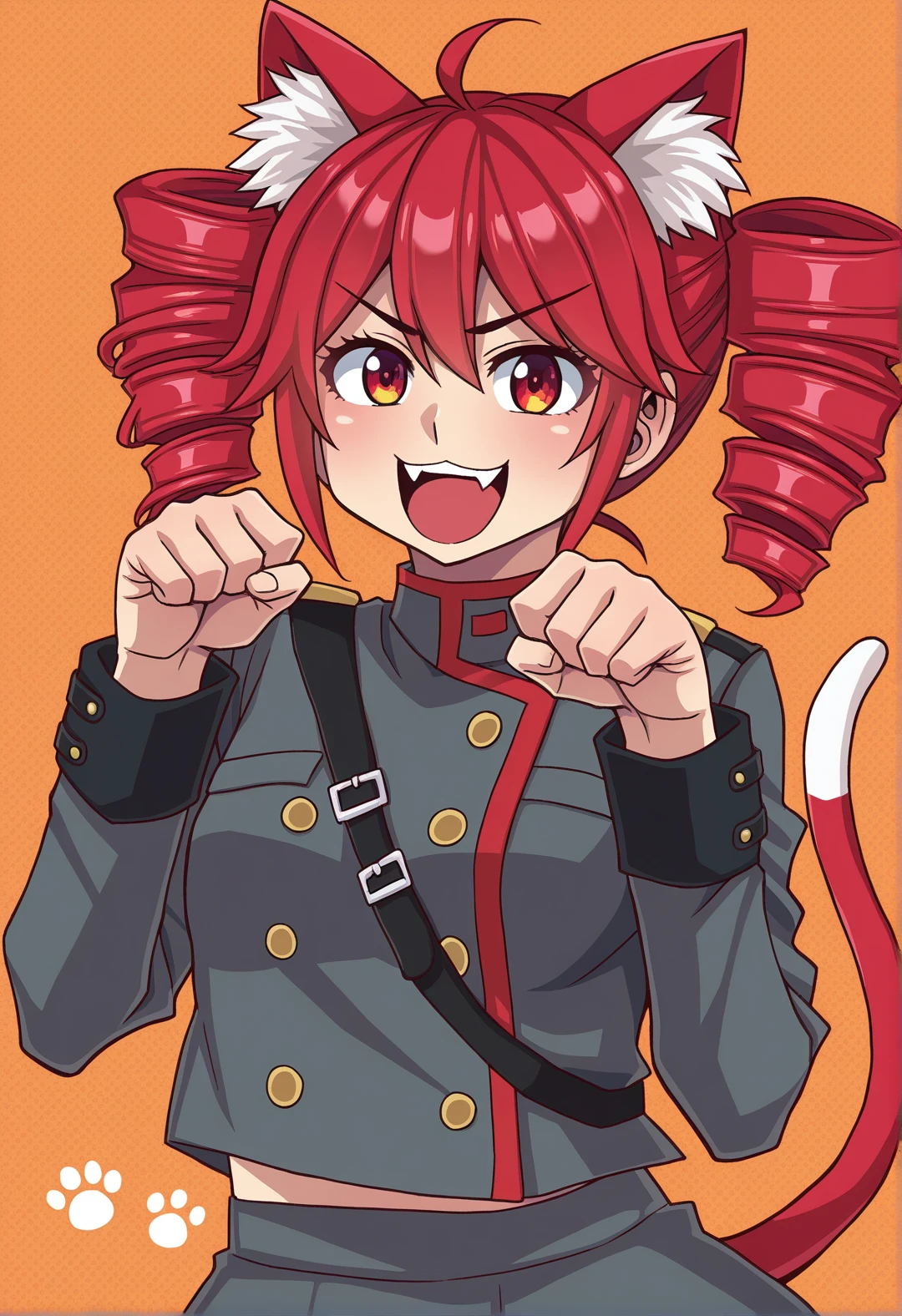 <lora:MCNsVFutanarunNL:1> MCNsVFtnrn,kasane teto, animal ears, cat ears, 1girl, solo, red eyes, red hair, twin drills, drill hair, shoulder belt, looking at viewer, open mouth, ahoge, cat tail, double-breasted, grey skirt, buttons, grey jacket, tail, smile, fangs, midriff peek, long sleeves, orange background, skirt, jacket, animal ear fluff, v-shaped eyebrows, :3, paw print, upper body, shoulder boards, sleeve cuffs, paw pose, shirt, hands up, halftone, short hair, bow, white bow,masterpiece,best quality,amazing quality