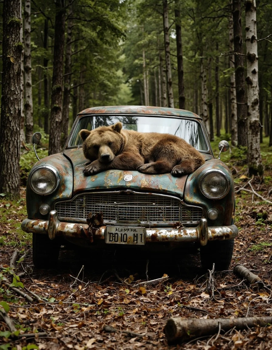 AlaMagna Style.
A large brown bear sleeping peacefully on top of an old, rusted, vintage car in a dense forest. The car is surrounded by tall, green trees and the ground is covered in fallen leaves and twigs. The bear's fur is thick and rugged, and its eyes are closed, giving off a sense of serenity. The lighting is soft and natural, casting gentle shadows on the car's surface. The overall mood is eerie and mysterious.