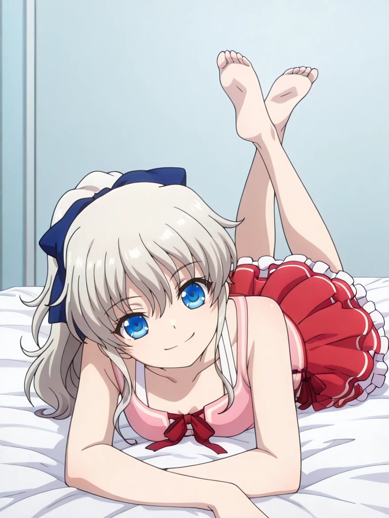 32k, Super-Resolution, <lora:illustrious_quality_modifiers_masterpieces_v1:1> masterpiece, (very aesthetic:1.2), absurdres, Digital Art, lazypos, 16-bit RGB, Artwork,(detailed:1.3) , <lora:StS-Illustrious-Detail-Slider-v1.0:3.5>, depth of field, <lora:dynamic-pose-illustriousxl-lora-nochekaiser:1> , (dynamic pose:1.5), <lora:anime_screencap:1> anime coloring,
BREAK, <lora:Nao_Tomori:1>,tomori nao, silver hair,long hair, bangs, anime screenshot,naoDailyDress, hair ribbon, blue ribbon, ponytail, pink shirt, sleeveless, neck ribbon, red ribbon,neck ribbon, red ribbon, (white layered skirt:1.4), miniskirt, frills, head tilt, (on stomach:1.4), blue eyes, smirk, legs up, soles, looking at viewer,