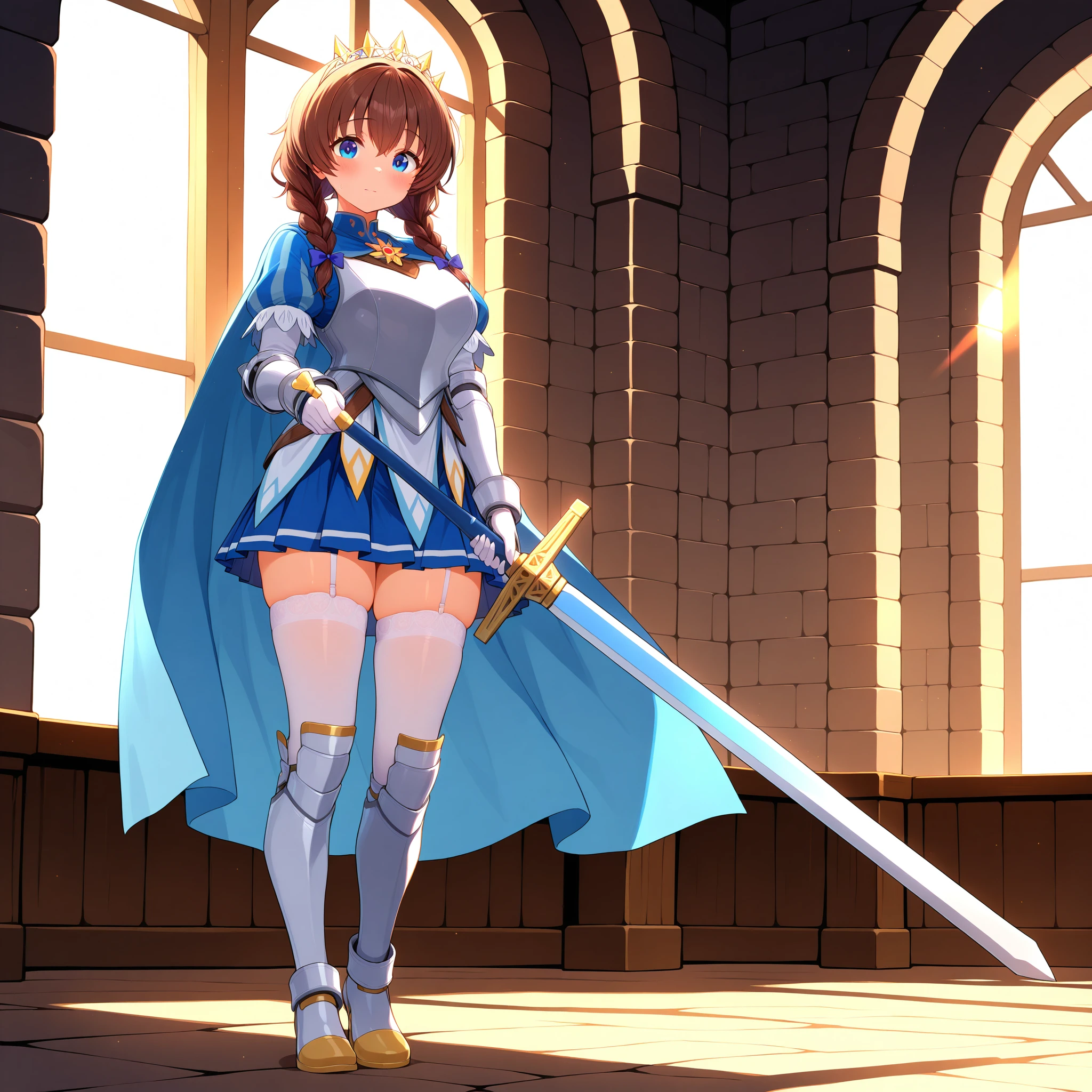 castle courtyard, standing, full body, looking at viewer, detailed sword, cape flowing, sunlight,masterpiece, best quality, amazing quality, newest,detailed face, beautiful eye,1girl, <lora:riccaV2.0Dim16alpha4_illustrious:0.9>,ricca_main ,blue eyes ,,brown hair,hair between eyes,hair pulled forward,twin braids,ricca_battle1, breastplate, vertical striped sleeves,armor, armored dress,blue_dress,, white gloves, gauntlets, blue skirt, pleated skirt, zettai ryouiki, white thighhighs, garter straps,greaves, cape, blue cape, tiara, brooch, flower brooch,chest brooch,sword,holding sword,two-handed,, masterpiece, best quality, amazing quality, newest,detailed face, beautiful eye