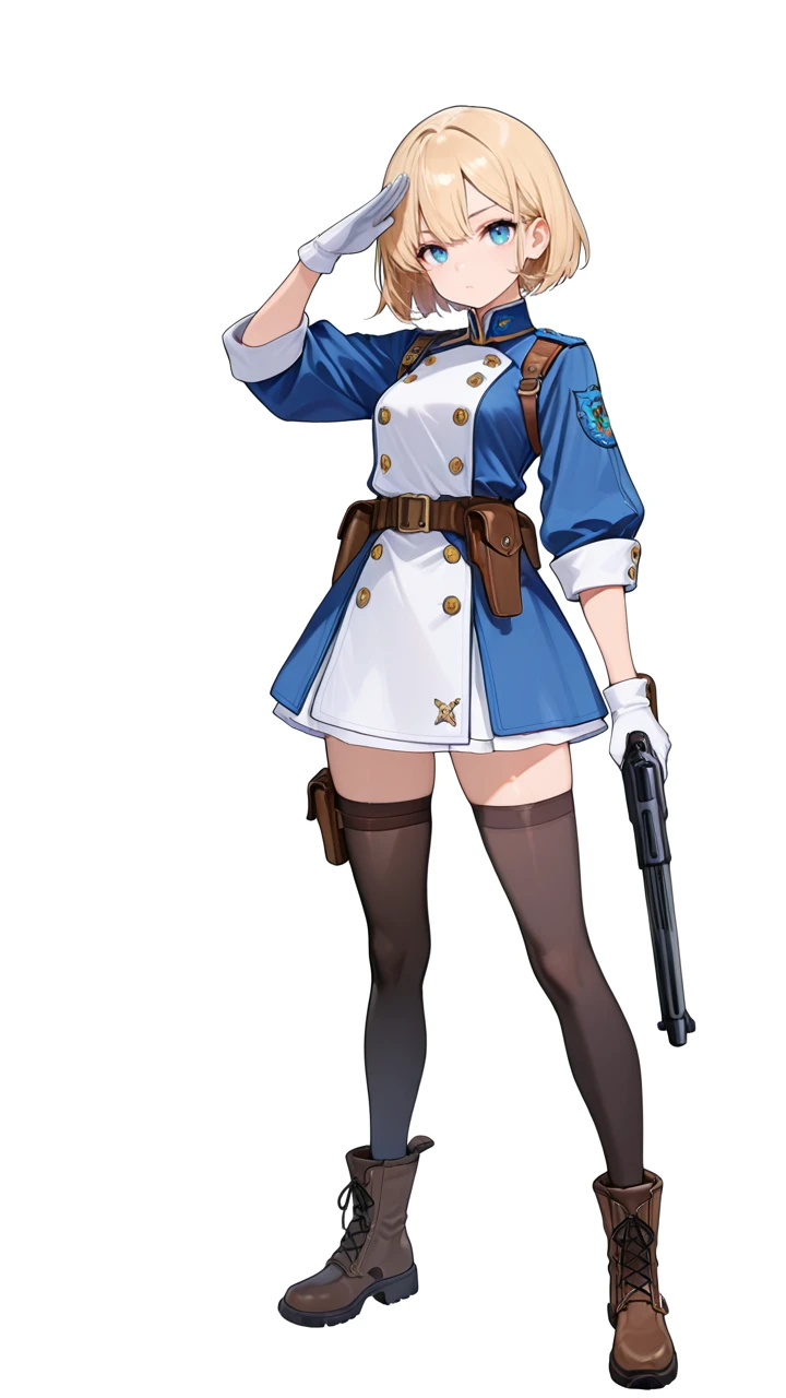 1girl,solo,weapon,gloves,blue eyes,gun,transparent background,thighhighs,full body,white gloves,short hair,blonde hair,holding weapon,holding,holding gun,black thighhighs,looking at viewer,salute,boots,simple background,standing,
masterpiece,best quality,amazing quality,very aesthetic,absurdres,newest,