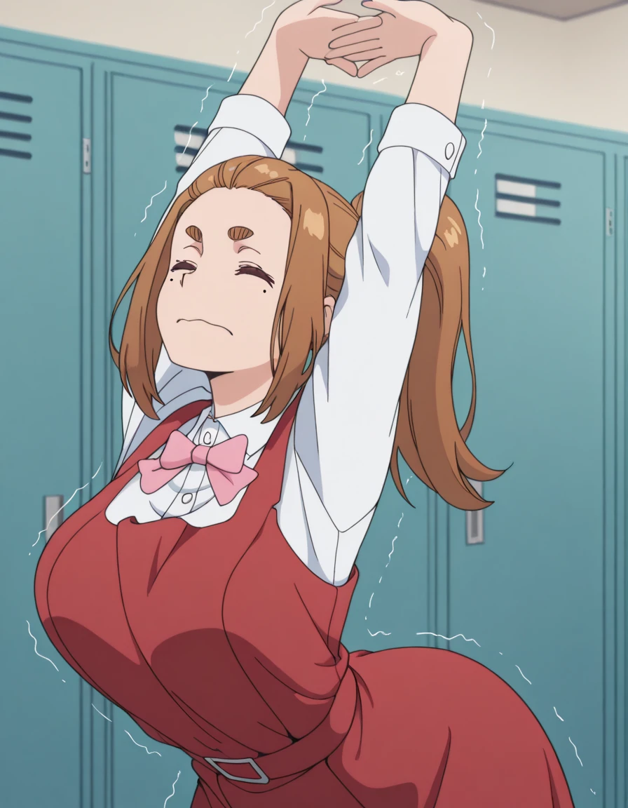 masterpiece, best quality, amazing quality,, <lora:sumireko-ogawa-s1-illustriousxl-lora-nochekaiser:1>, sumireko ogawa, brown hair, brown eyes, thick eyebrows, mole, mole under eye, bangs, ponytail, mature female, breasts, anime screencap, shirt, long sleeves, dress, bow, white shirt, collared shirt, bowtie, red dress, pink bow, pinafore dress, pink bowtie,, <lora:cammy-stretch-illustriousxl-lora-nochekaiser:1>, cammy stretch, cammy stretch (meme), stretching, arms up, arched back, cowboy shot, trembling, closed eyes,, school hallway, lockers, between classes, everyday life, cowboy shot, solo, looking at viewer,