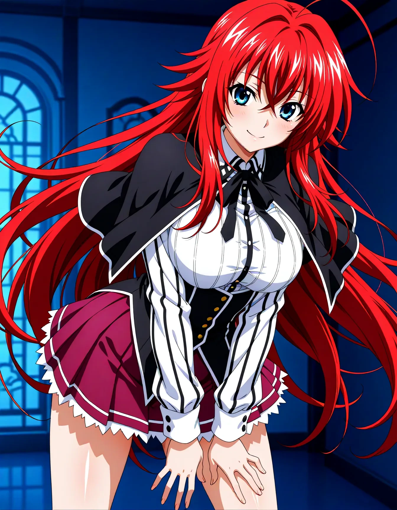 <lora:dmd2_sdxl_4step:1>,1girl,official style,masterpiece,best quality,newest,very aesthetic,highly detailed,high resolution,absurdres,highres,depth of field,super detailed skin,very awa,Anime,anime coloring,anime screencap,rias gremory,very long hair,red hair,blue eyes,ahoge,crossed bangs,<lora:rias_gremory_V1:1>,black capelet,striped shirt,white shirt,neck ribbon,black ribbon,long sleeves,black corset,buttons,pleated skirt,frilled skirt,purple skirt,stylish_pose,smile,