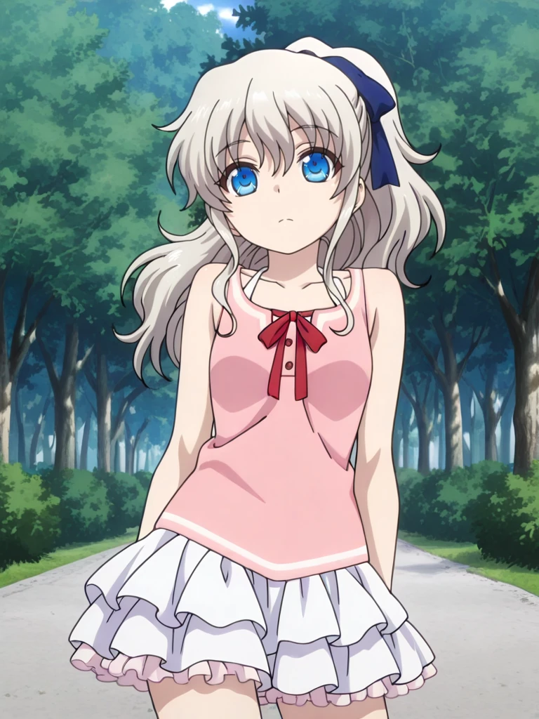 32k, Super-Resolution, <lora:illustrious_quality_modifiers_masterpieces_v1:1> masterpiece, (very aesthetic:1.2), absurdres, Digital Art, lazypos, 16-bit RGB, Artwork,(detailed:1.3) , <lora:StS-Illustrious-Detail-Slider-v1.0:3.5>, depth of field, <lora:dynamic-pose-illustriousxl-lora-nochekaiser:1> , (dynamic pose:1.5), <lora:anime_screencap:1> anime coloring,
BREAK, <lora:Nao_Tomori:1>,tomori nao, silver hair,long hair, bangs, blue eyes, anime screenshot,naoDailyDress, hair ribbon, blue ribbon, ponytail, pink shirt, sleeveless, neck ribbon, red ribbon,neck ribbon, red ribbon, white layered skirt, miniskirt, frills, outdoors,