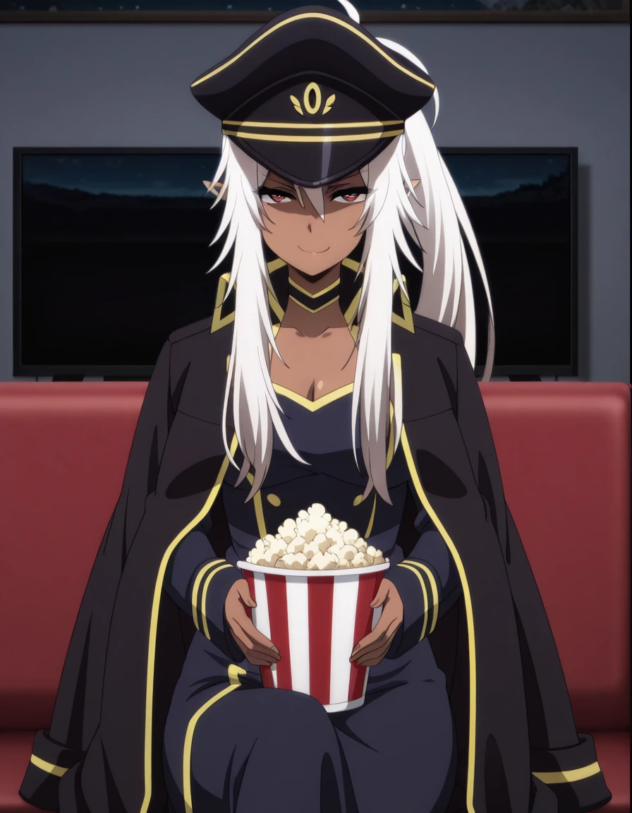 masterpiece, best quality, amazing quality,, <lora:shadow-lambda-s1-illustriousxl-lora-nochekaiser:1>, lambda, long hair, white hair, pointy ears, dark skin, dark-skinned female, sidelocks, ponytail, red eyes, mature female, , anime screencap, hat, uniform, coat, sleeves past wrists, military, military uniform, peaked cap,, smug, living room, television, couch, popcorn, watching movie, night time, sitting, cowboy shot, solo, looking at viewer, <lora:transparent-background-illustriousxl-lora-nochekaiser:1>, transparent background, simple background, white background
