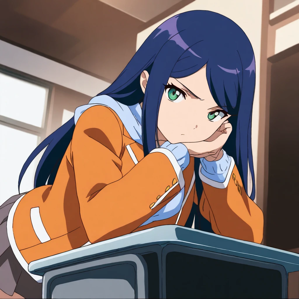 masterpiece,high score,great score,absurdres,solo,anime coloring,looking at viewer,school uniform, orange jacket, long sleeves, hoodie,skirt,<lora:KugaNatsuki ag4o:1> kuganatsuki, blue hair, long hair, green eyes,