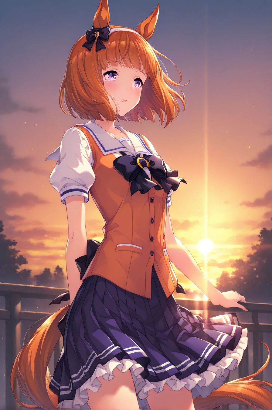 twilight,orange sun,rena ryuuguu, orange hair, short hair, blue eyes,Mountain of bulky trash,
(white beret), bow, bowtie,(white dress:1.2),white skirt,hat, puffy short sleeves, puffy sleeves, purple bow, purple bowtie, short sleeves, black thighhighs, zettai ryouiki,(bottomless:1.3),pussy,blush,(from below:1.3),(skirt lift:1.5), ((skirt grab:1.3)), (Skirt that rolls up:1.3),Stand,(spread legs:1.3),white panty,panty shot,masterpiece,Noise Reduction,perfect anatomy,high resolution, ultra-detailed,game cg,dutch angle ,beautiful detailed eyes,visualart,five fingers, perfect hands, perfect lighting,