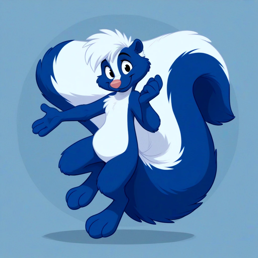 solo, full body, skunk, smile, looking at viewer, blue body, blue fur, white fur, biped, 4 fingers, 3 toes, large tail