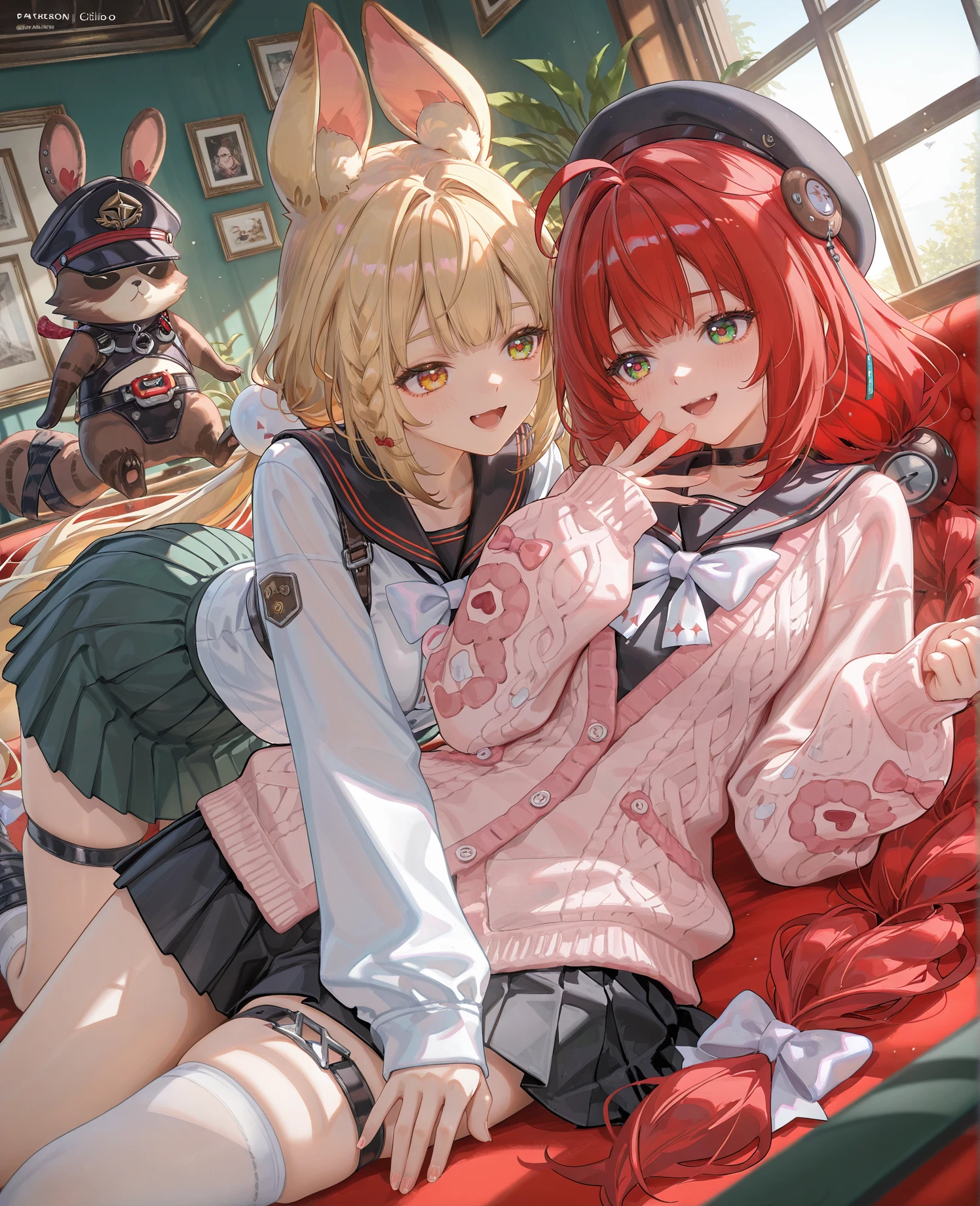 8k,best quality,masterpiece,(ultra-detailed),(high detailed skin),
((artist:reoen),(artist:fuzichoco),(artist:atdan),(artist:torino_aqua),year 2024:0.8)1girl,[artist:wlop],[artist:ningen_mame],artist:ciloranko,[[artist:rhasta]],artist:tidsean,colorful,
jijia,2d,ambient light,
<lora:fuaizzz-ill-Tanger:0.8>,
2girls, Ukinami Yuzuha (Zenless Zone Zero), clothes: Yuzuhadef clothes, single thighhigh, Yuzuhadef skirt, Alice Thymefield (Zenless Zone Zero), clothes: Alicedef clothes, heterochromiam, Alicedef white shirt, Alice animal ears, multiple girls, braid, blonde hair, skirt, long hair, pantyhose, green eyes, green skirt, indoors, red hair, long sleeves, white shirt, blush, shirt, torn clothes, lying, very long hair, hat, sailor collar, rabbit ears, bangs, pleated skirt, open mouth, twin braids, cardigan, fang, on side, bow, serafuku, window, black sailor collar, school uniform, animal ear fluff, yellow eyes, looking at another, smile, sleeves past wrists, black headwear, hair ornament, black skirt, holding, hair bow, twintails, black bow, breasts, pink cardigan, hand to own mouth