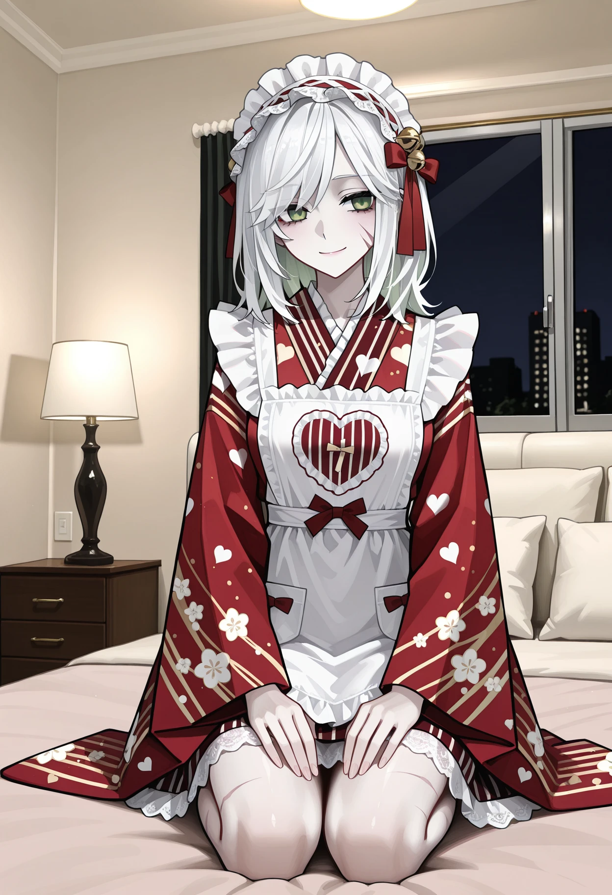 1girl, pale skin, white hair, medium hair, swept bangs, green eyes, muscle girl, scars on face, small breasts,
kneeling on bed, smile, living room, night,
<lora:AmyBentonMaidIL:1>,amybentonmaid12, japanese clothes, kimono, print kimono, short kimono, animal and strips print, white apron, lace, frills, heart print on apron, headdress,  crimson kimono,
masterpiece,best quality,amazing quality,     <lora:lmia4IL-style:0.8>, llmia4,