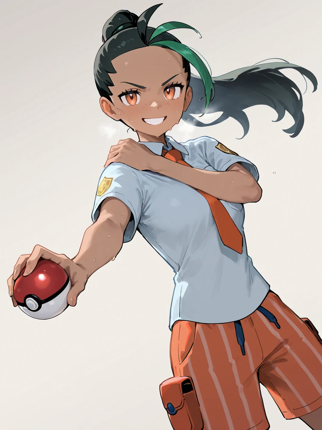 (1girl:1.2), (general:1.3), (masterpiece:1.2), newest, <lora:IchiroBattingStance_ill_v01:1.2> ichiro, (holding, holding poke ball, poke ball:1.2), outstretched arm, (hand on own shoulder:0.7), dutch angle, nemona \(pokemon\), naranja academy school uniform, v-shaped eyebrows, grin, sweat,