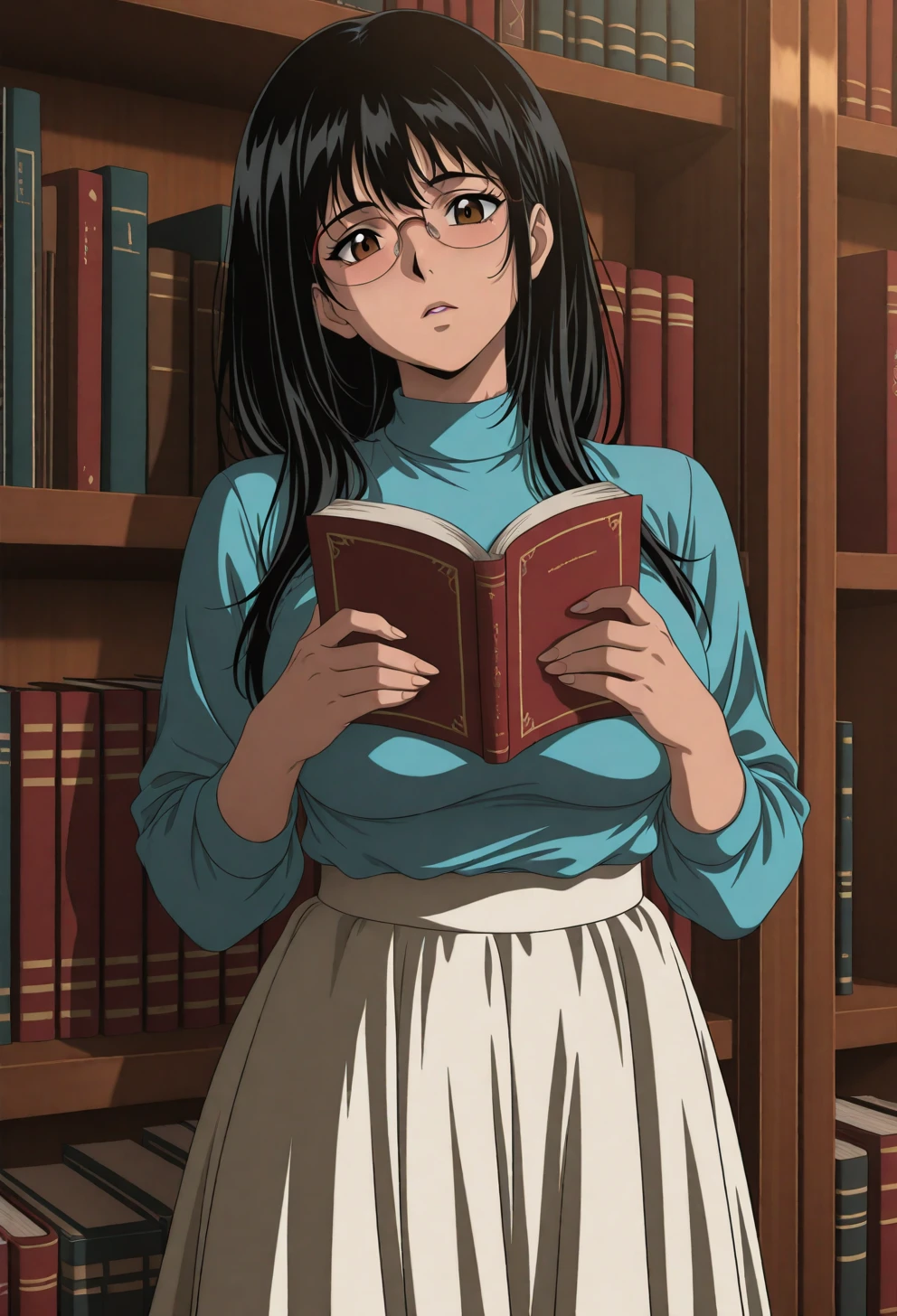 <lora:Sysdeep_char9 - [Custom Character] - IllustriousXL v1:1> sysdeep_char9, 1girl, solo, long hair, black hair, brown eyes, , reading, library, glasses, long skirt, focused expression, quiet atmosphere, anime coloring