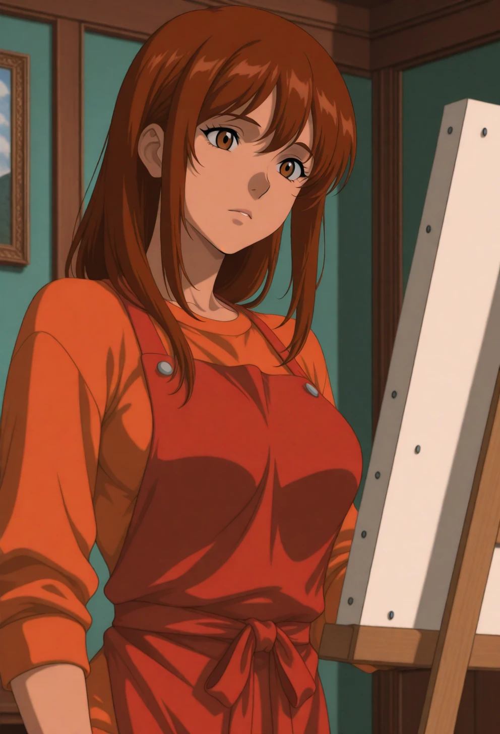 <lora:Sysdeep_char19 - [Custom Character] - IllustriousXL v1:1> sysdeep_char19, 1girl, solo, long hair, brown hair, brown eyes, , , painting, easel, indoors, apron, focused expression, light-filled studio, anime coloring
