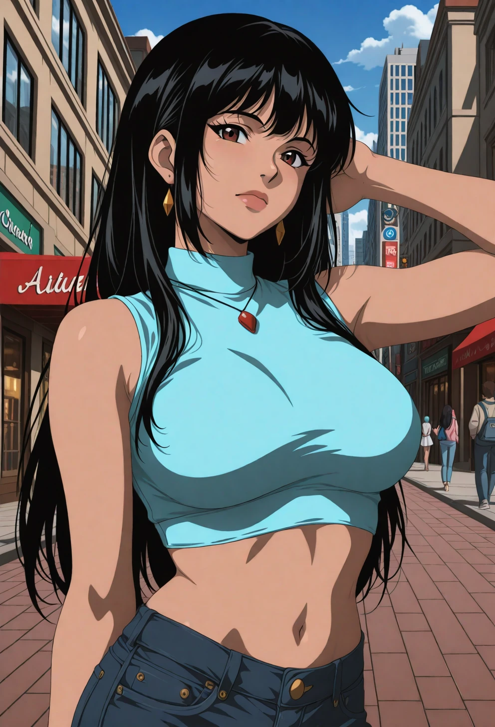 <lora:Sysdeep_char9 - [Custom Character] - IllustriousXL v1:1> sysdeep_char9, 1girl, solo, long hair, black hair, brown eyes, large breasts, posing, city street, jeans, crop top, looking at viewer, casual fashion, anime coloring