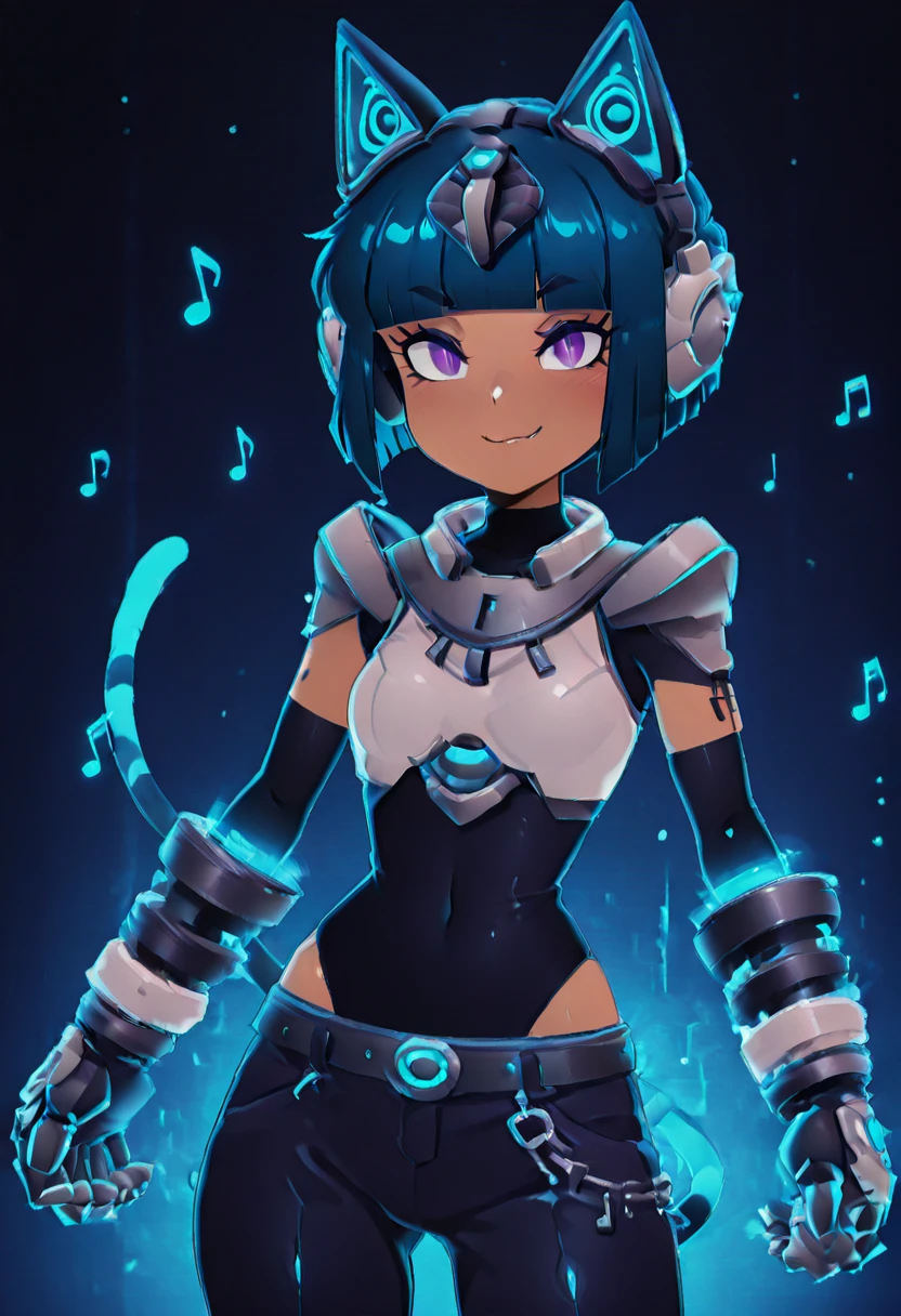 masterpiece, best quality, solo, curvy, beautiful eyes, narrow waist, wide hips, 1girl, solo, smile, looking at viewer, foreshortening, close up, zzAnkhaDJ, purple eyes, blue hair, short hair, blunt bangs, bob cut, cat ears, dark skin, musical note, <lora:AnkhaDJ_IXL:1.0>, , smile, looking at viewer, cowboy shot, dynamic pose, zzCodeV, bodysuit, neon trim, armor, black bodysuit, dynamic pose, foreshortening, shiny, <lora:CodeVSnG_IXL:1.0>,
