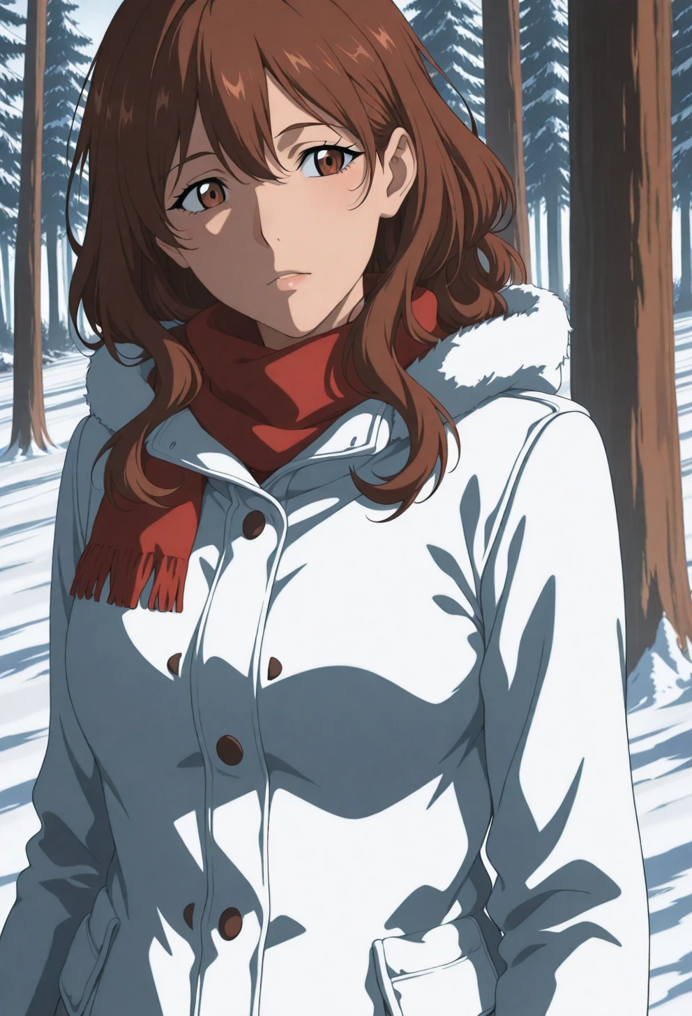 <lora:Sysdeep_char16 - [Custom Character] - IllustriousXL v1:1> sysdeep_char16, 1girl, solo, brown hair, brown eyes, wavy hair, long hair, , walking through snow, winter coat, scarf, peaceful vibe, snowy forest, anime coloring