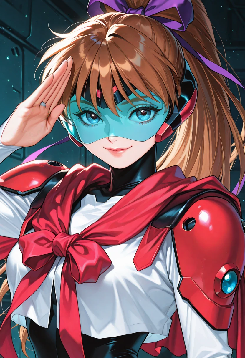 1girl, solo, ozora_mirai, moldiver, brown hair, long hair, ponytail hair, hair bow, headgear, blue face shield, blue eyes, red capelet, ribbon, white shirt, shoulder armor, bridal gauntlets, black leotard, upper body, salute, smile, lips, looking at viewer, highres,  masterpiece, best quality, amazing quality, very awa, very aesthetic, , <lora:Illust\edit\new\moldiver_v6.safetensors:1.0000000000000002:1.0000000000000002>