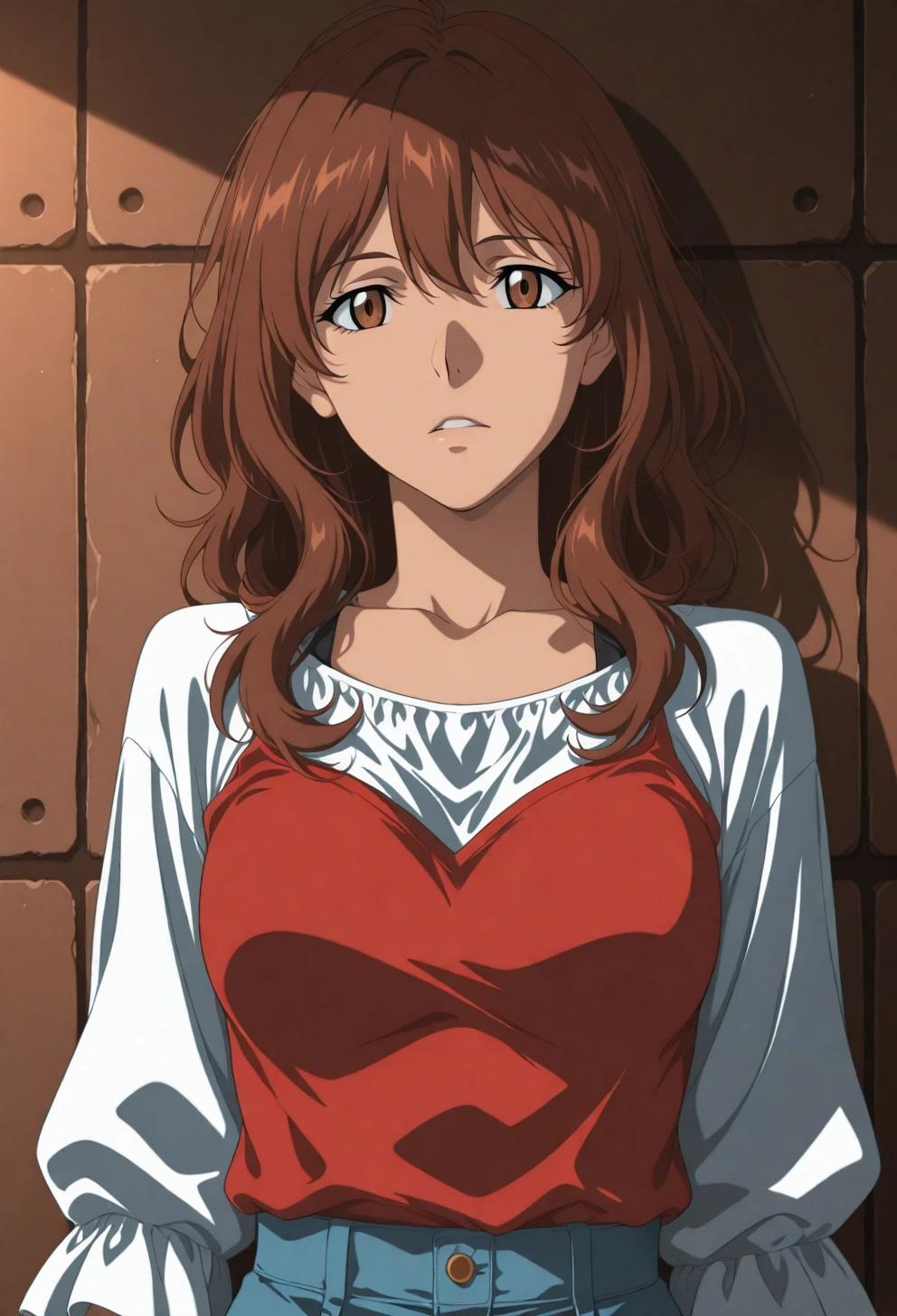 <lora:Sysdeep_char16 - [Custom Character] - IllustriousXL v1:1> sysdeep_char16, 1girl, solo, brown hair, brown eyes, wavy hair, long hair, , leaning against wall, casual outfit, intense look, moody lighting, anime coloring