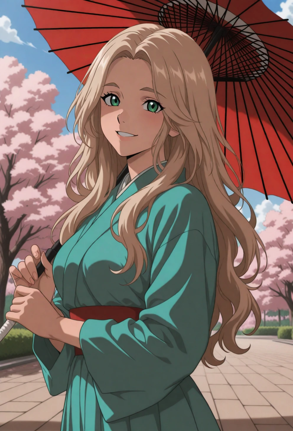 <lora:Sysdeep_char21 - [Custom Character] - IllustriousXL v1:1> sysdeep_char21, 1girl, solo, long hair, green eyes, blonde hair, light brown hair, wavy hair, , standing, outdoors, cherry blossoms, traditional outfit, umbrella, smiling, anime coloring