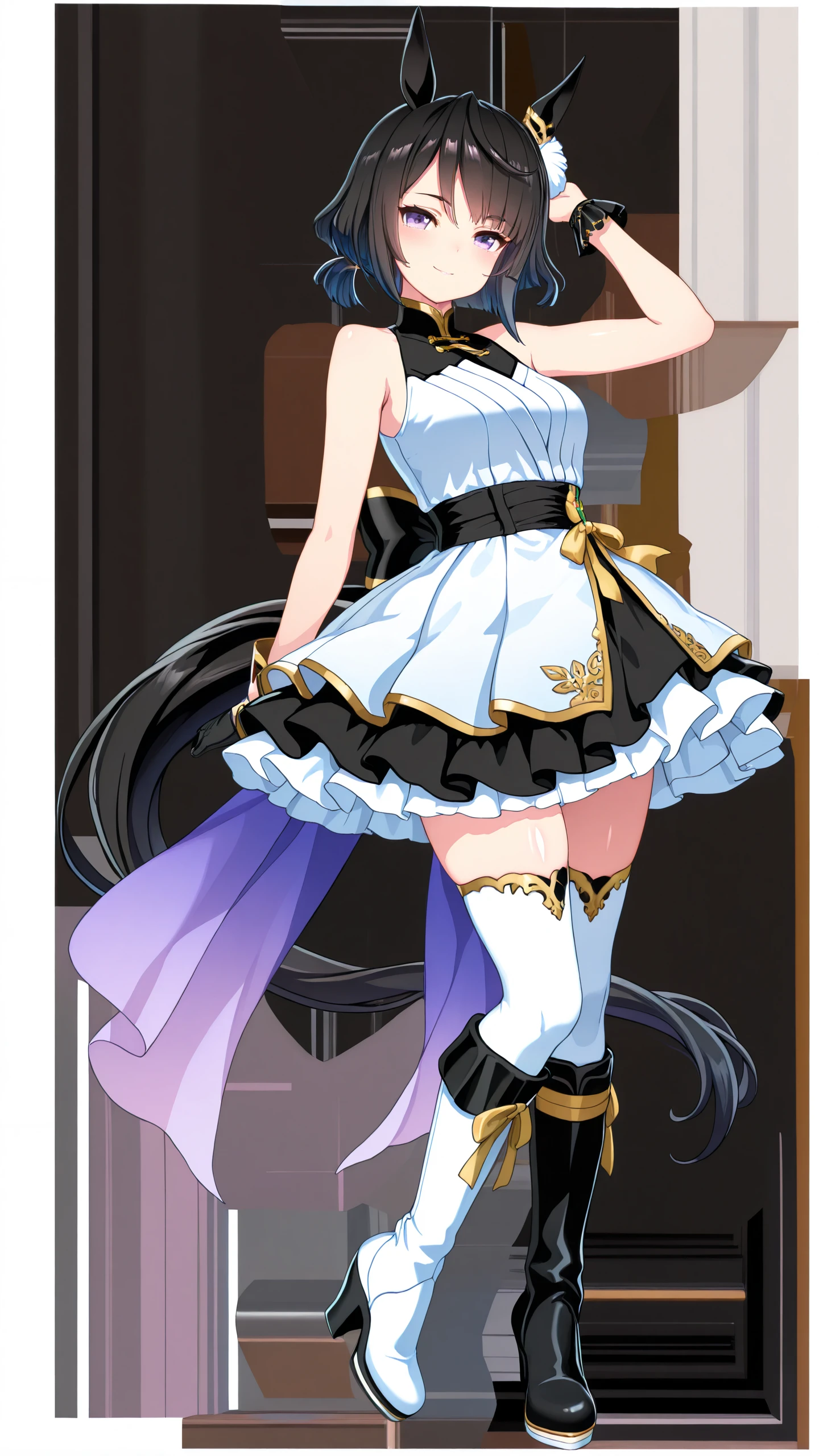 umaofficial, masterpiece,best_quality,general,newest
, very awa, Detail enhancement,CTDXCYQL,
(dishwasher1910:0.9), ,
UmaUma, horse tail, horse girl, horse ears, zettai ryouiki, transparent background, simple background, white background, looking at viewer, smile, 16k, masterpiece, absurdes, highly detailed, highres, high quality, best quality, score_9, score_8_up, score_7_up, score_6_up, 1girl, golden sixty (umamusume), similar to her hair, black_hair, solo, purple_eyes, horse_girl, bangs, blush, black_hair, hair_ornament, short hair, close mouth, (Hong Kong style gorgeous dress:1.2), (black and white theme:1.1), (flowing skirt), (high-knee boots), (gold accents), (blue flot dot accents),
, white dress, standing, watch, heart, dress, lace ,frills,Fluttering, full_body, blunt_bangs, sleeveless, sleeveless_dress, jewelry, depth_of_field, looking_at_viewer, black footwear,white footwear, bare_shoulders, high_heels, simple background,white background, gray background,
, best quality, masterpiece, highres, 16k, masterpiece, absurdes, highly detailed, highres, high quality, best quality, source_anime, anime screencap, anime coloring, official style, style parody, parody, shiny, shiny skin, shiny hair,
masterpiece,best quality,amazing quality, very aesthetic, absurdres,edanoma_meu_illu, flat color, no lineart, svevsty