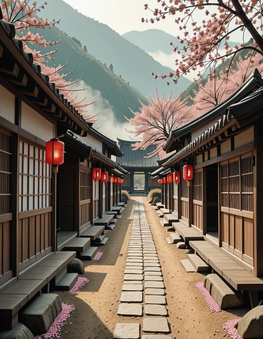 A traditional Japanese village during the samurai era, peacefully resting in a quiet valley surrounded by mist-covered mountains and dense bamboo groves. Thatched-roof wooden houses with sliding paper doors are arranged along narrow, winding dirt paths. Red lanterns hang from wooden beams, swaying gently in the breeze. A small Shinto shrine stands on a nearby hill, overlooking neatly arranged rice paddies and stone garden paths. A samurai's armor is displayed on a wooden rack outside one of the houses, suggesting the presence of a warrior. Cherry blossom petals scatter across the ground, and a light fog drifts between the buildings, adding to the stillness. The scene is bathed in soft, golden light, capturing a serene and timeless moment in feudal Japanâwith no people in sight.traditional Japanese v1ll4g3, <lora:traditional_Japanese_v1ll4g3v2-i:1>, Masterpiece,best quality,hi res,8k,hi res,8k,award winning,(sharp focus, intricate, highly detailed),