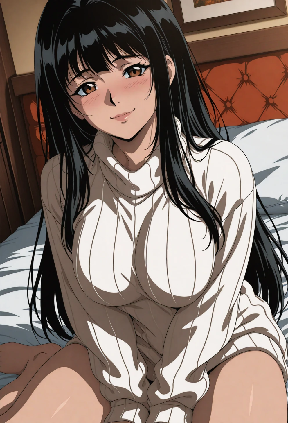 <lora:Sysdeep_char9 - [Custom Character] - IllustriousXL v1:1> sysdeep_char9, 1girl, solo, long hair, black hair, brown eyes, , sitting on bed, oversized sweater, shy smile, indoors, cozy atmosphere, anime coloring