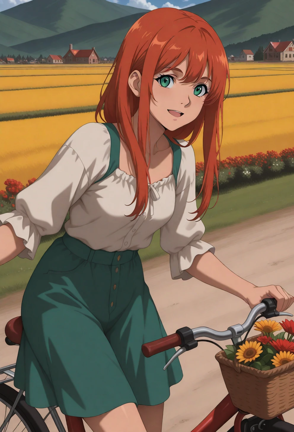 <lora:Sysdeep_char22 - [Custom Character] - IllustriousXL v1:1> sysdeep_char22, 1girl, long hair, green eyes, red hair, solo, orange hair, small breasts, riding a bicycle, countryside, sunny, casual outfit, basket with flowers, anime coloring