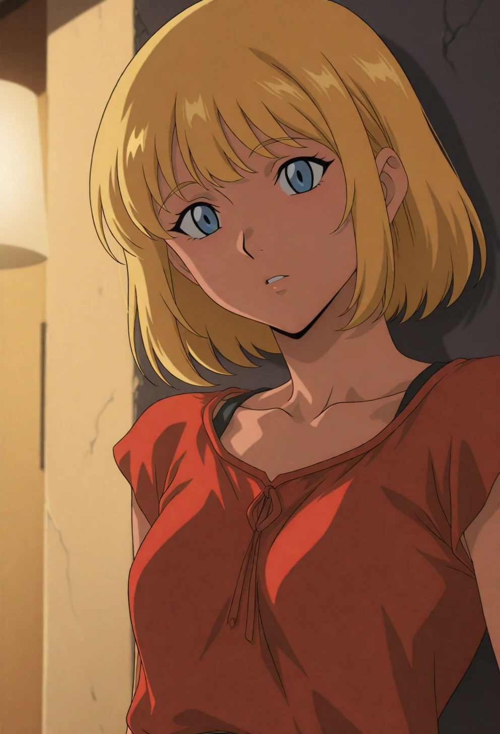 <lora:Sysdeep_char5 - [Custom Character] - IllustriousXL v1:1> sysdeep_char5, 1girl, solo, short hair, blue eyes, blonde hair, small breasts, leaning on wall, dim lighting, casual wear, coy expression, anime coloring