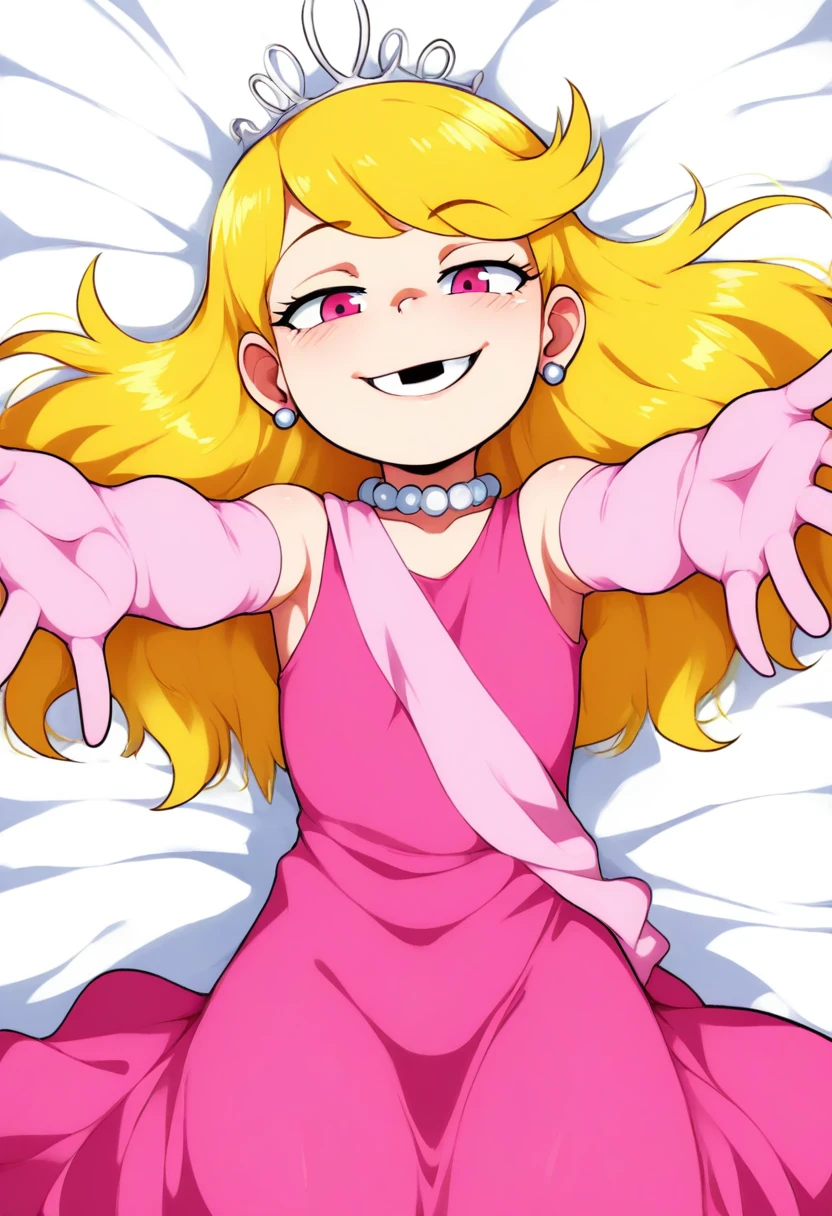 (jcm2:0.6), masterpiece, best quality, amazing quality, very aesthetic, absurdres, newest,

simple background, white background, solo, 1girl, lying, on back, on bed, reaching towards viewer, outstretched arms, looking at viewer, smile,

1o1a, blonde hair, tiara, pink eyes, earrings, pearl necklace, pink dress, elbow gloves